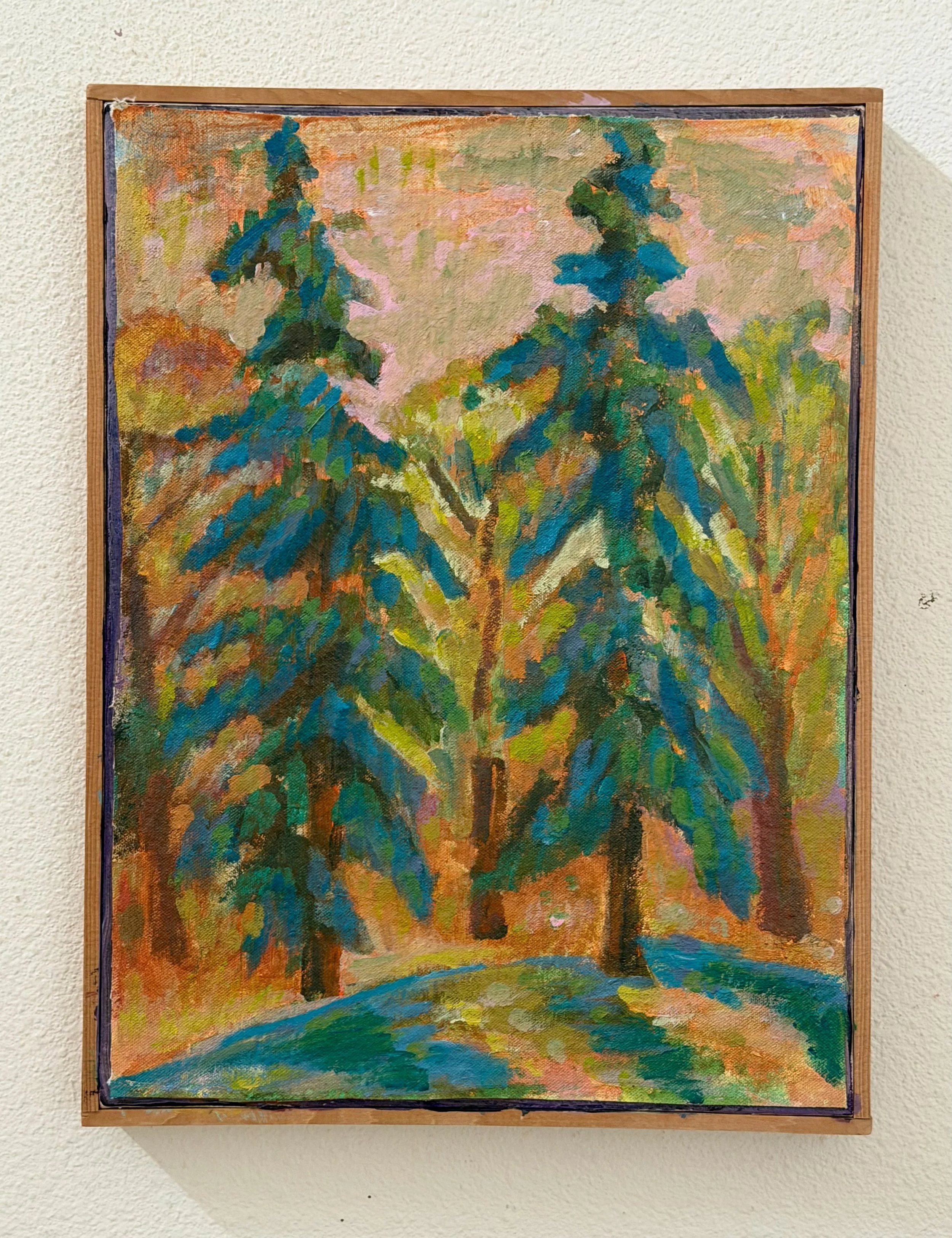 Impressionist painting of three evergreen trees on a small hill with colorful foliage in the background.