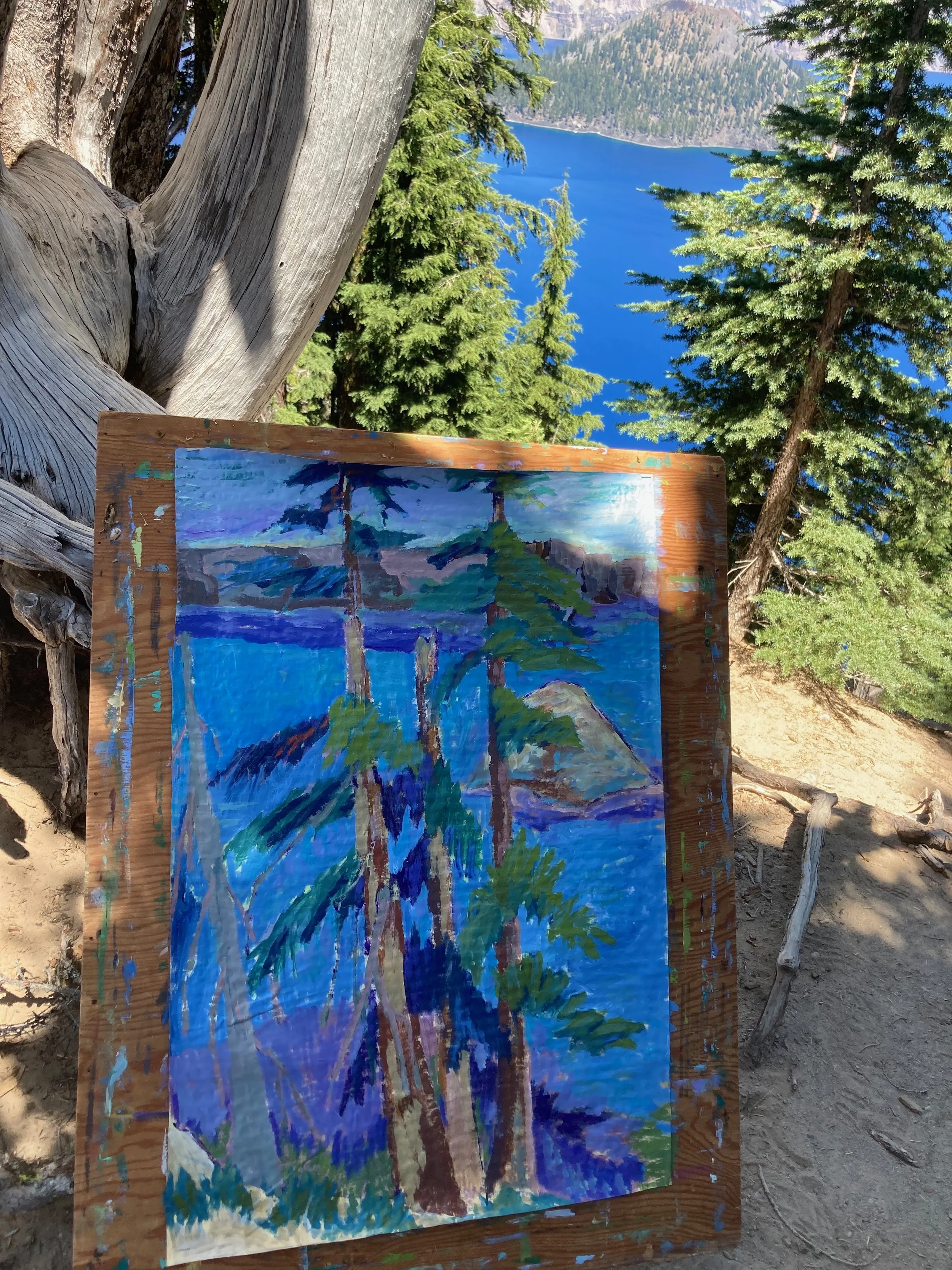 A painting of a forest scene with pine trees, rocks, and a lake, leaning against a tree in a natural outdoor setting with other trees and a blue lake in the background.