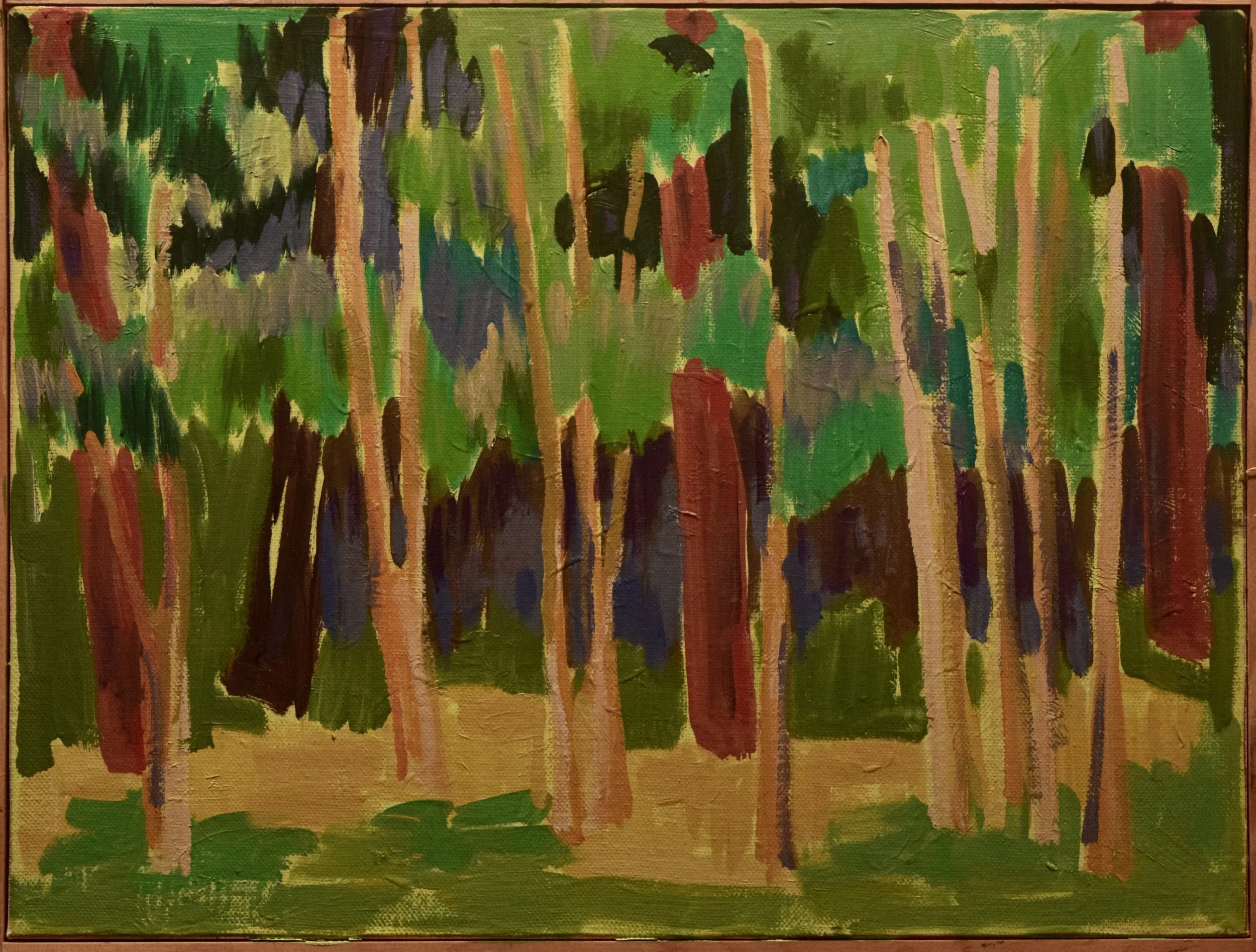 An abstract painting of a forest scene with trees painted in shades of green, brown, black, and hints of purple.