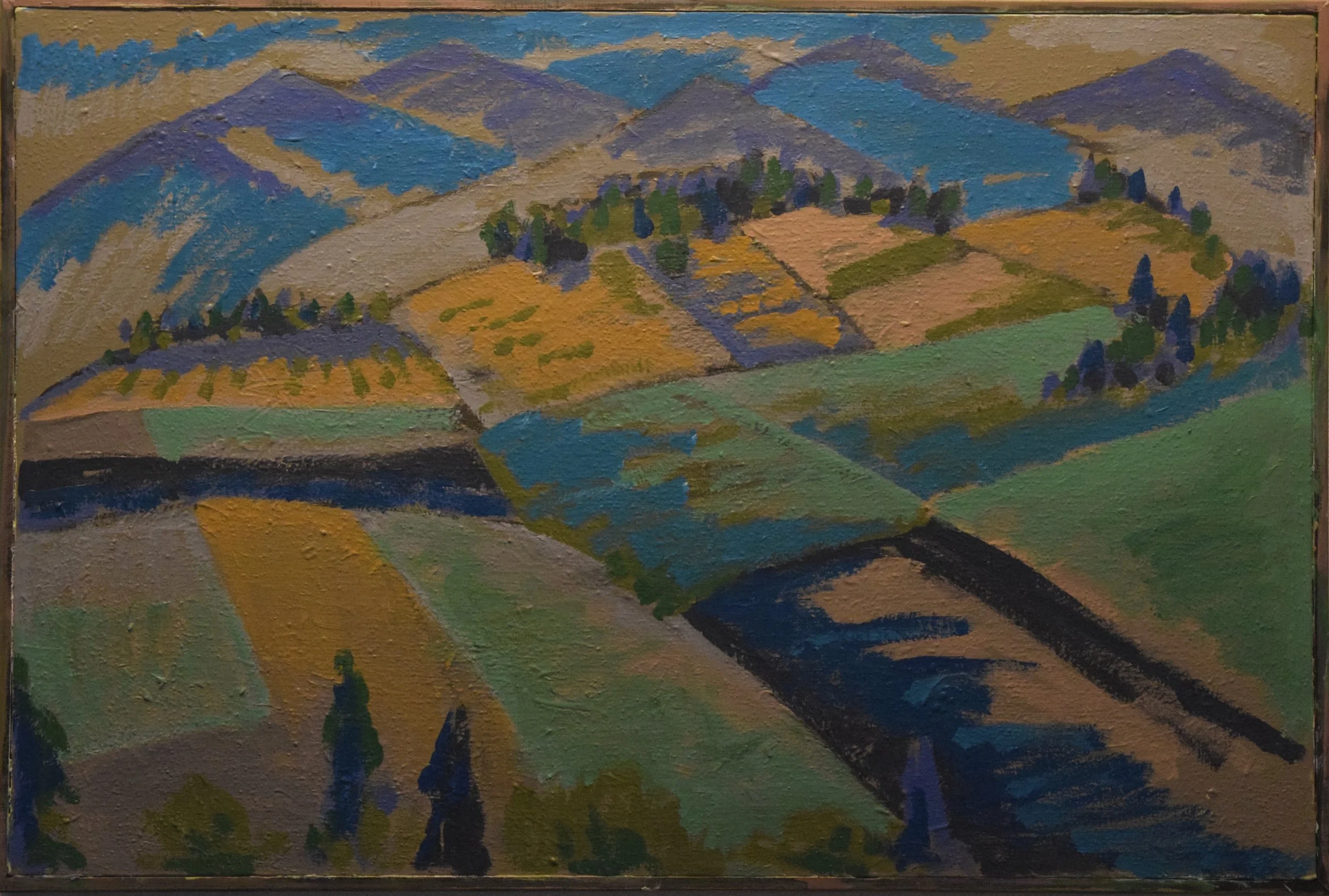 An abstract landscape painting of rolling hills, fields, and a few trees in a variety of colors including greens, yellows, blues, and purples.