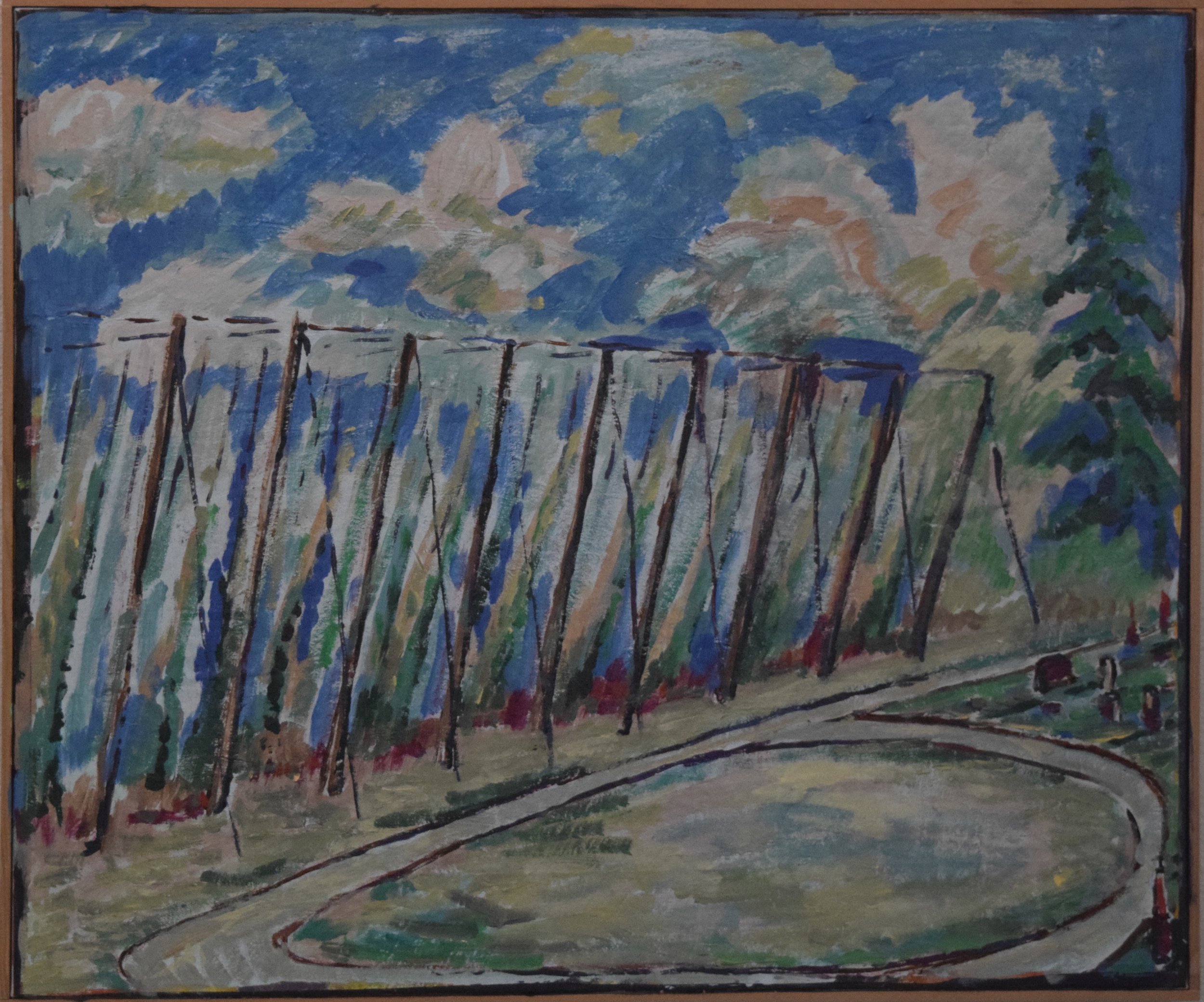 A colorful painting of a park with a winding path, trees, and a blue cloudy sky.