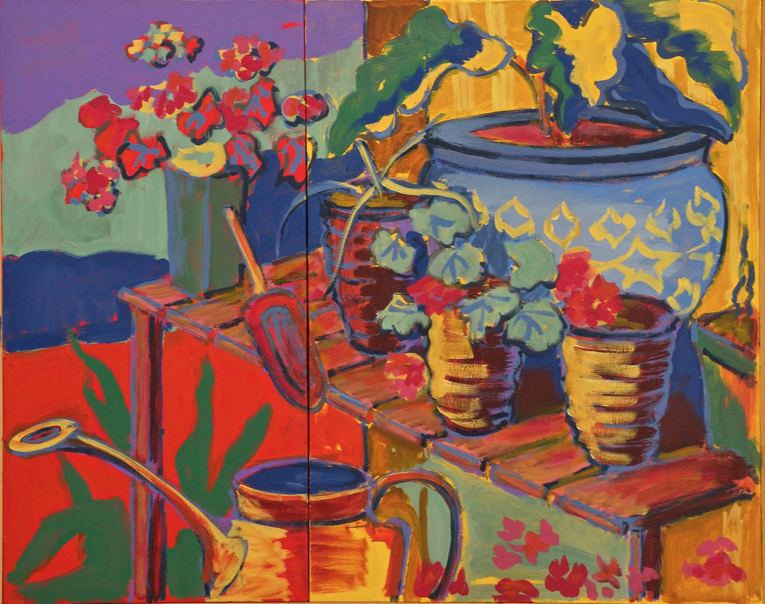 Bright and colorful abstract painting of a still life scene with vases of flowers, watering cans, and jars on a table with a vibrant background.