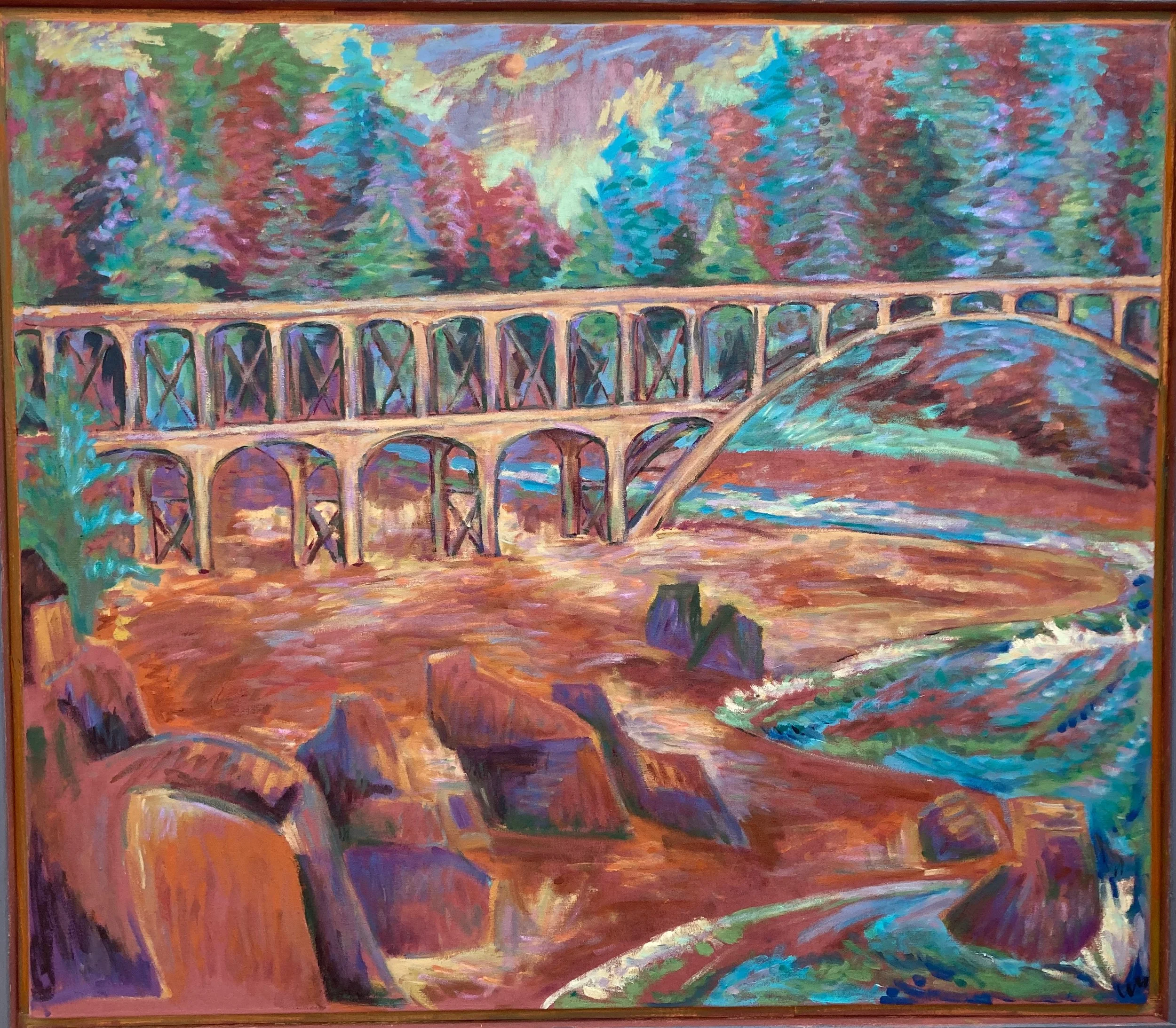 Colorful painting of a rocky landscape with a bridge over a river and a forested background.