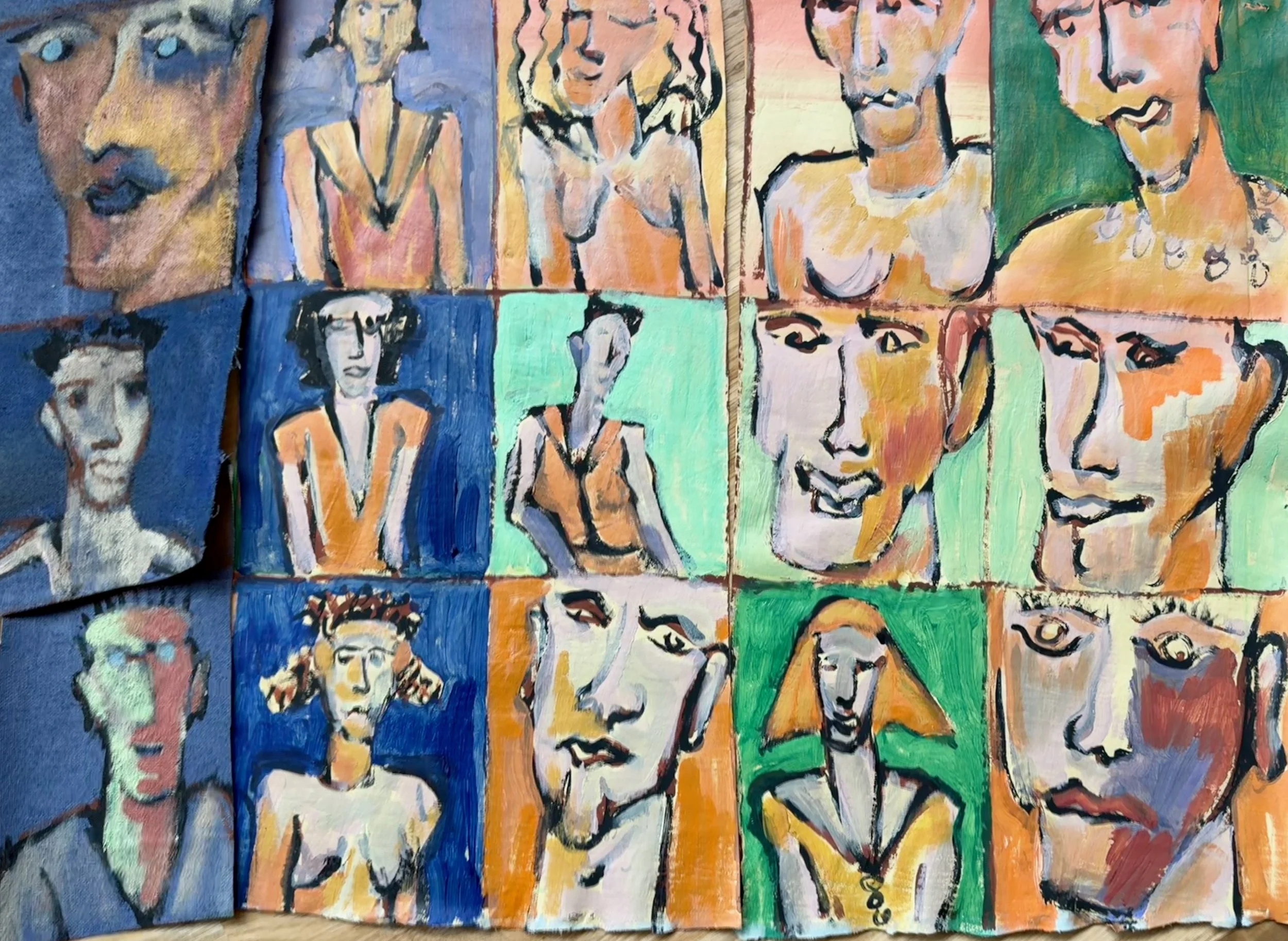 A collection of 15 abstract portrait paintings of women, each with distinct features, arranged in a grid format, painted with bold brushstrokes and bright colors.