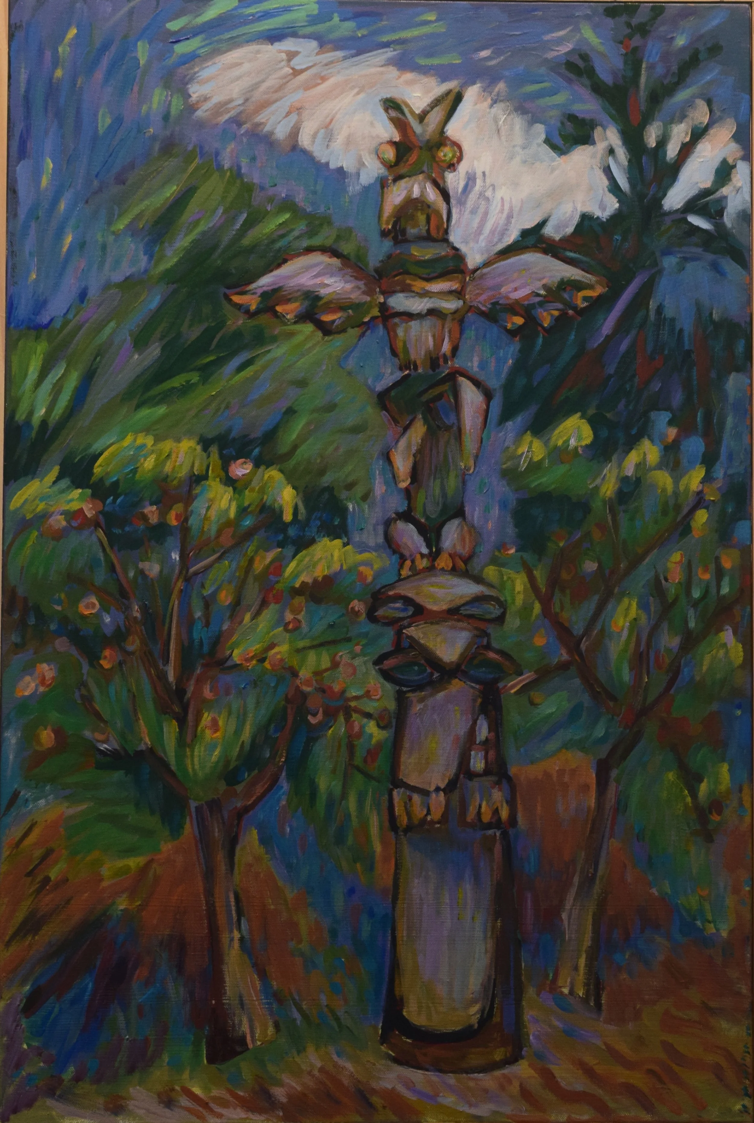 Abstract painting of a totem pole with animal figures surrounded by trees and colorful foliage.