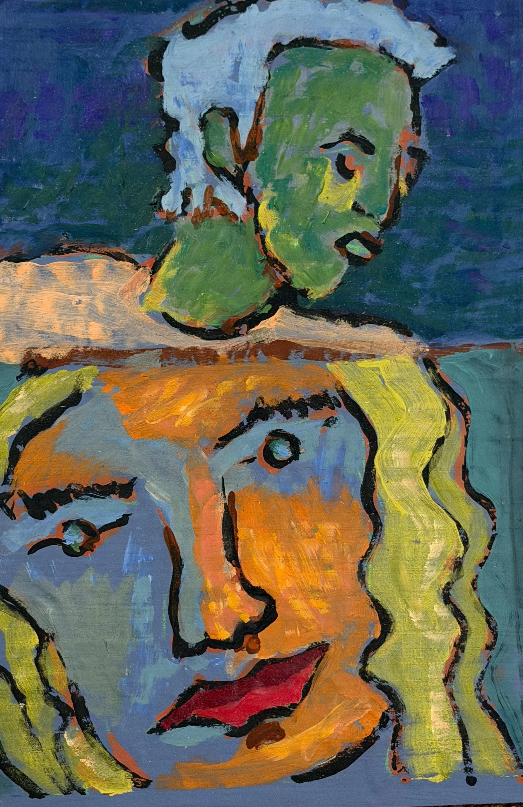 A colorful abstract painting of two women's faces, with one above the other, using bold brushstrokes and vibrant colors including green, orange, blue, and yellow.