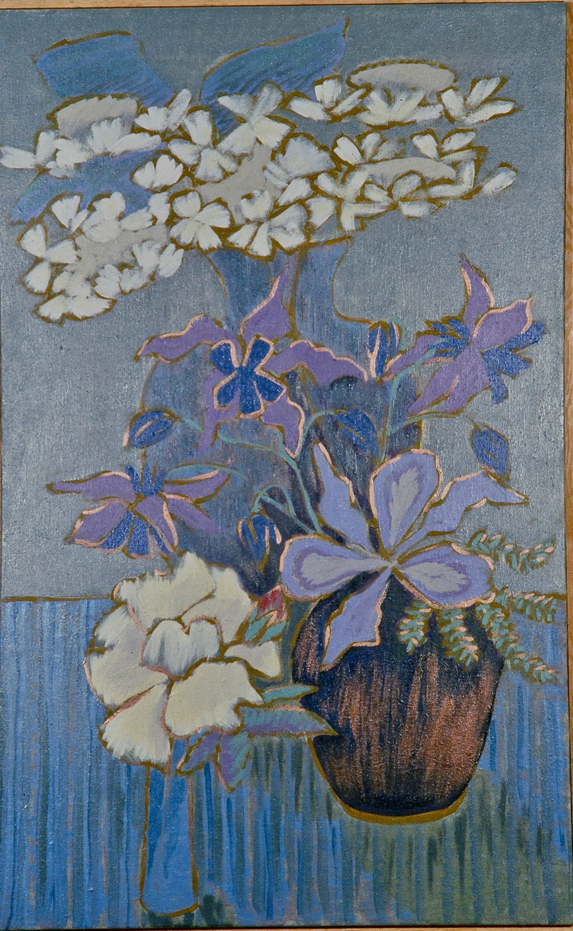 A painting of a flower arrangement in a brown vase, featuring white, purple, and blue flowers with green leaves, set against a textured blue background.