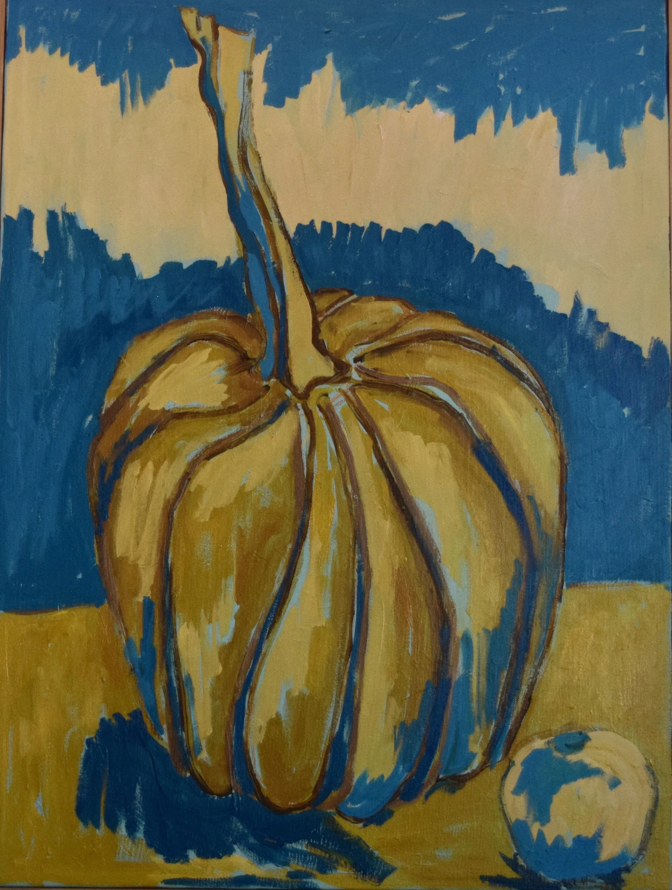 Painting of a yellow pumpkin with a blue stem and a small round yellow object on a yellow and blue background.