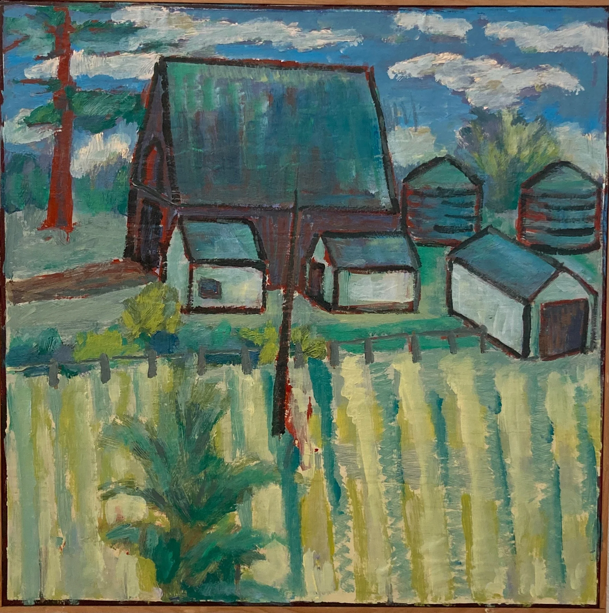 A colorful painting of a rural farm scene featuring a large barn with a green roof, three smaller white buildings with black roofs, three round silos, trees, bushes, and a yellow field in the foreground.