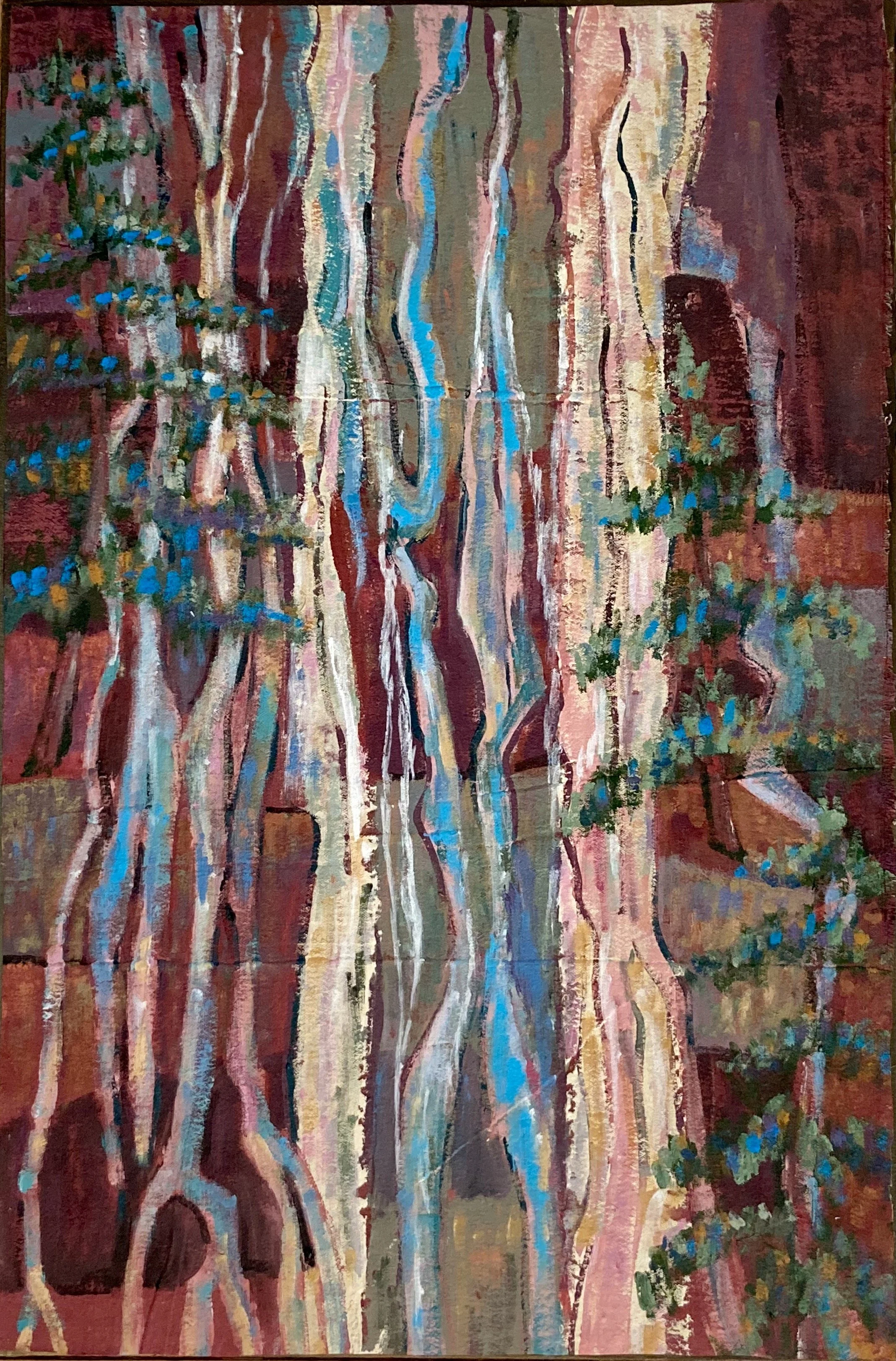 An abstract painting of a forest scene with tall trees and green foliage, using bold brush strokes and a color palette of browns, greens, blues, and pinks.