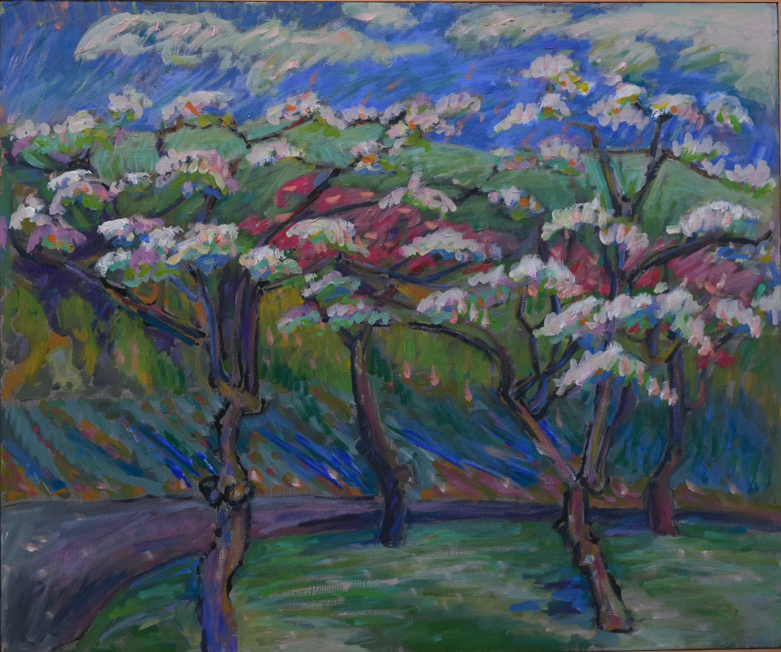 Colorful painting of blooming cherry blossom trees in a park with a blue sky.