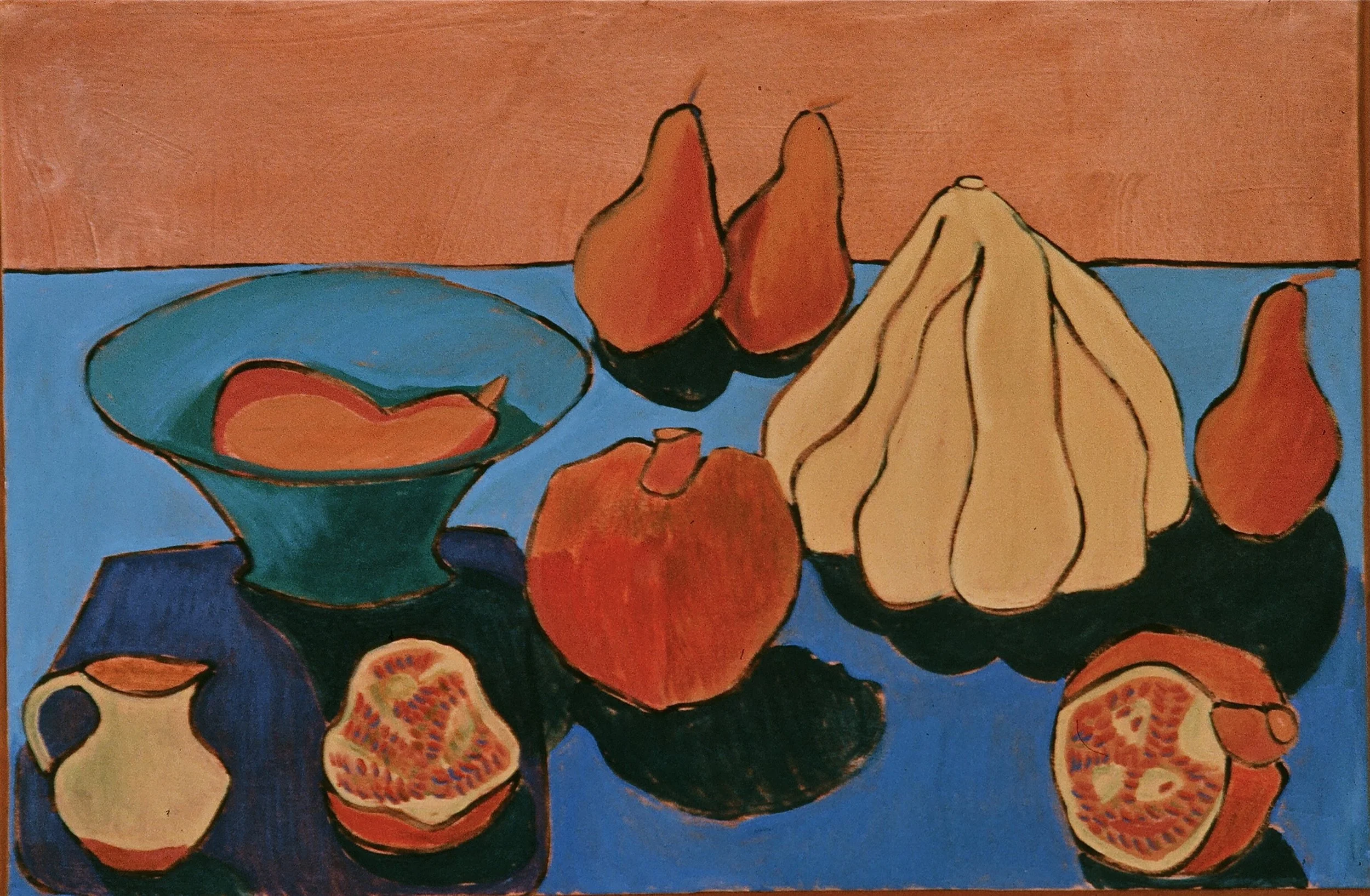 A colorful painting of various fruits on a table against a two-tone background, including pears, pomegranates, a bowl of fruit, and a pumpkin, rendered in bold outlines and bright colors.