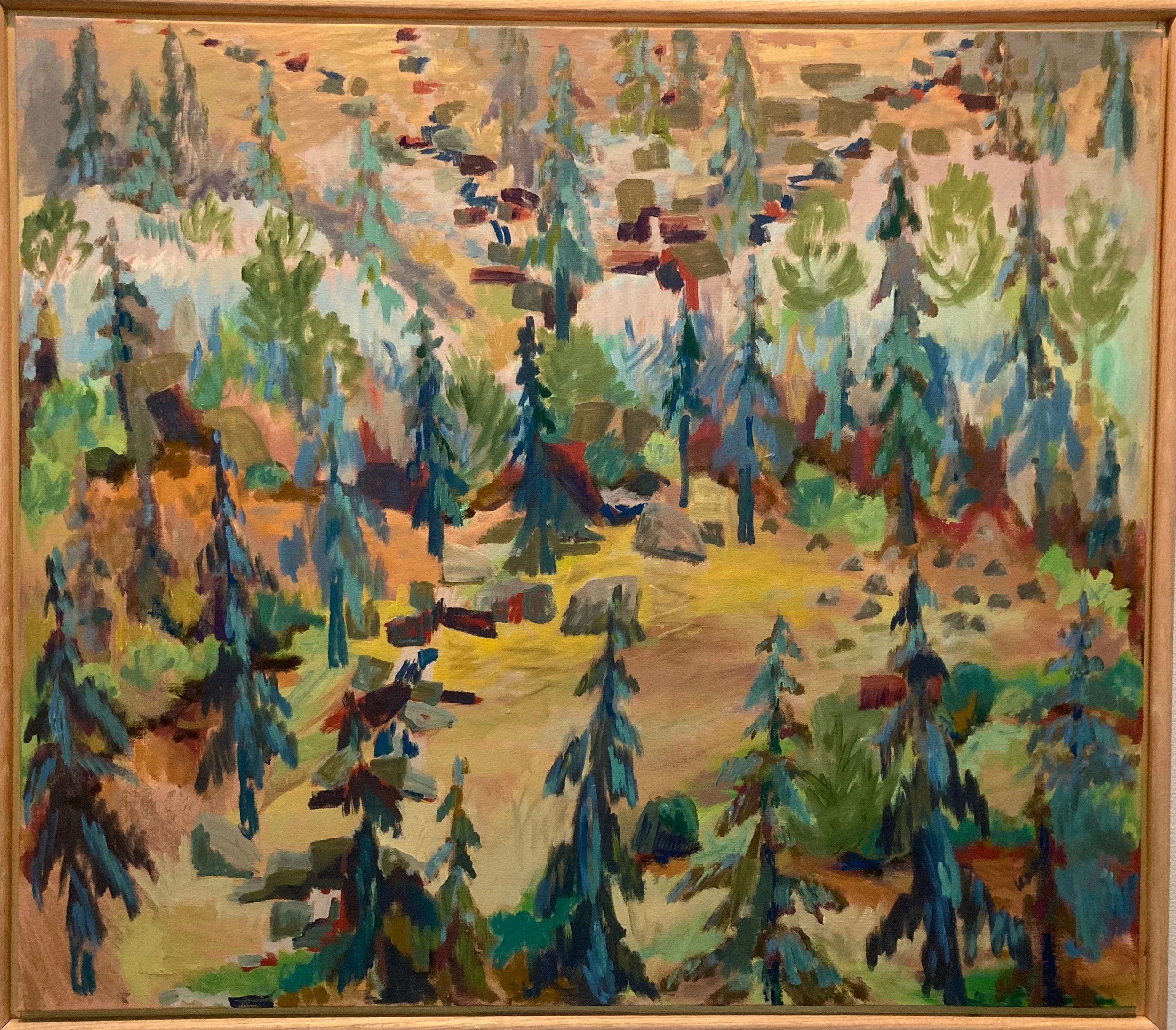 Colorful painting of a forest scene with tall pine trees and a trail, using impressionistic brushstrokes.