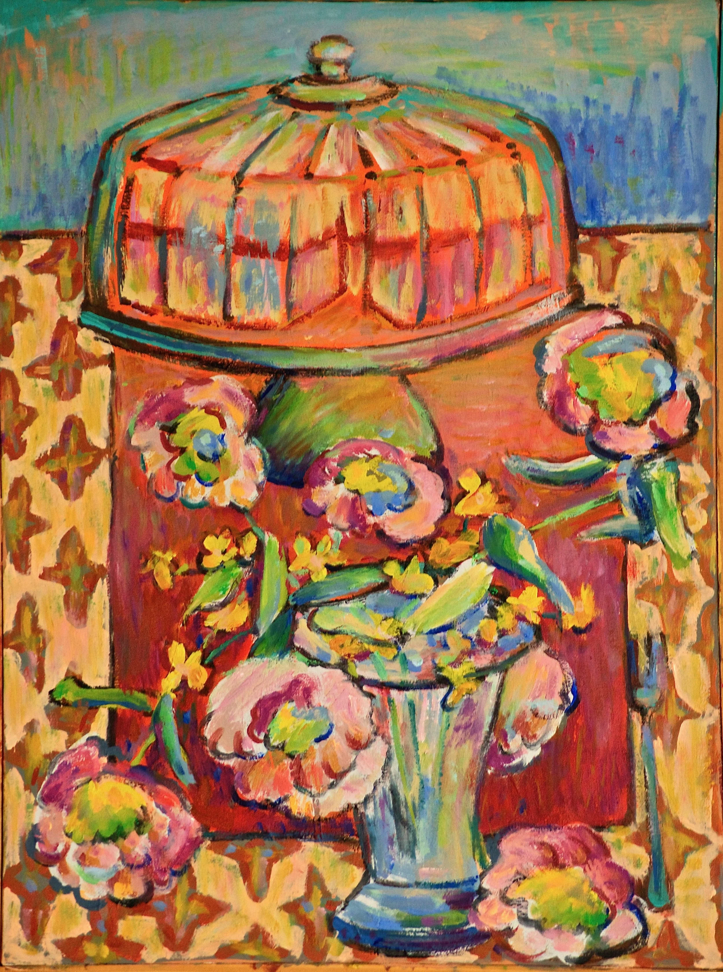 An abstract painting of a flower arrangement in a vase, with a lampshade on top, surrounded by colorful flowers and patterned background.