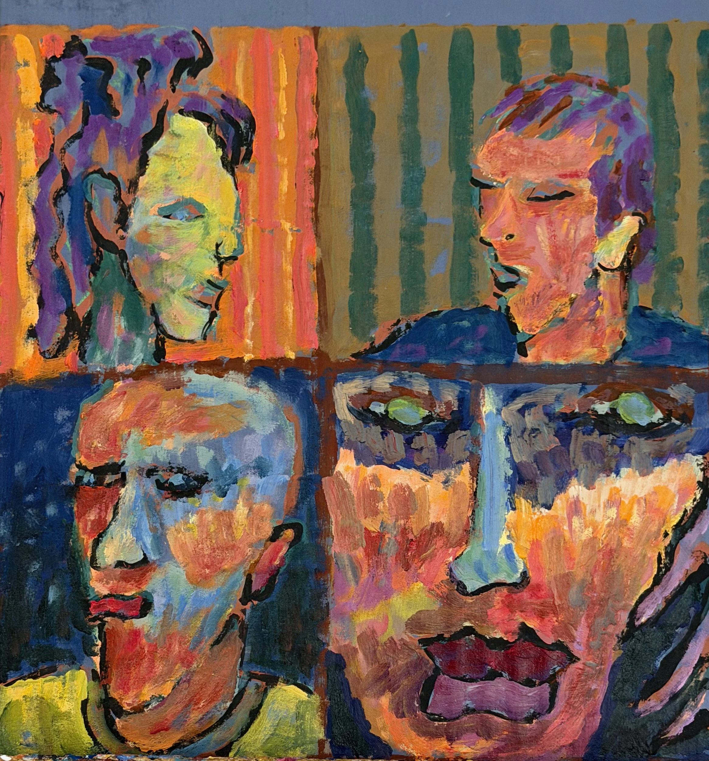 Abstract colorful portrait of four people, each with their eyes closed or partially closed, using vivid brushstrokes and a vibrant palette.
