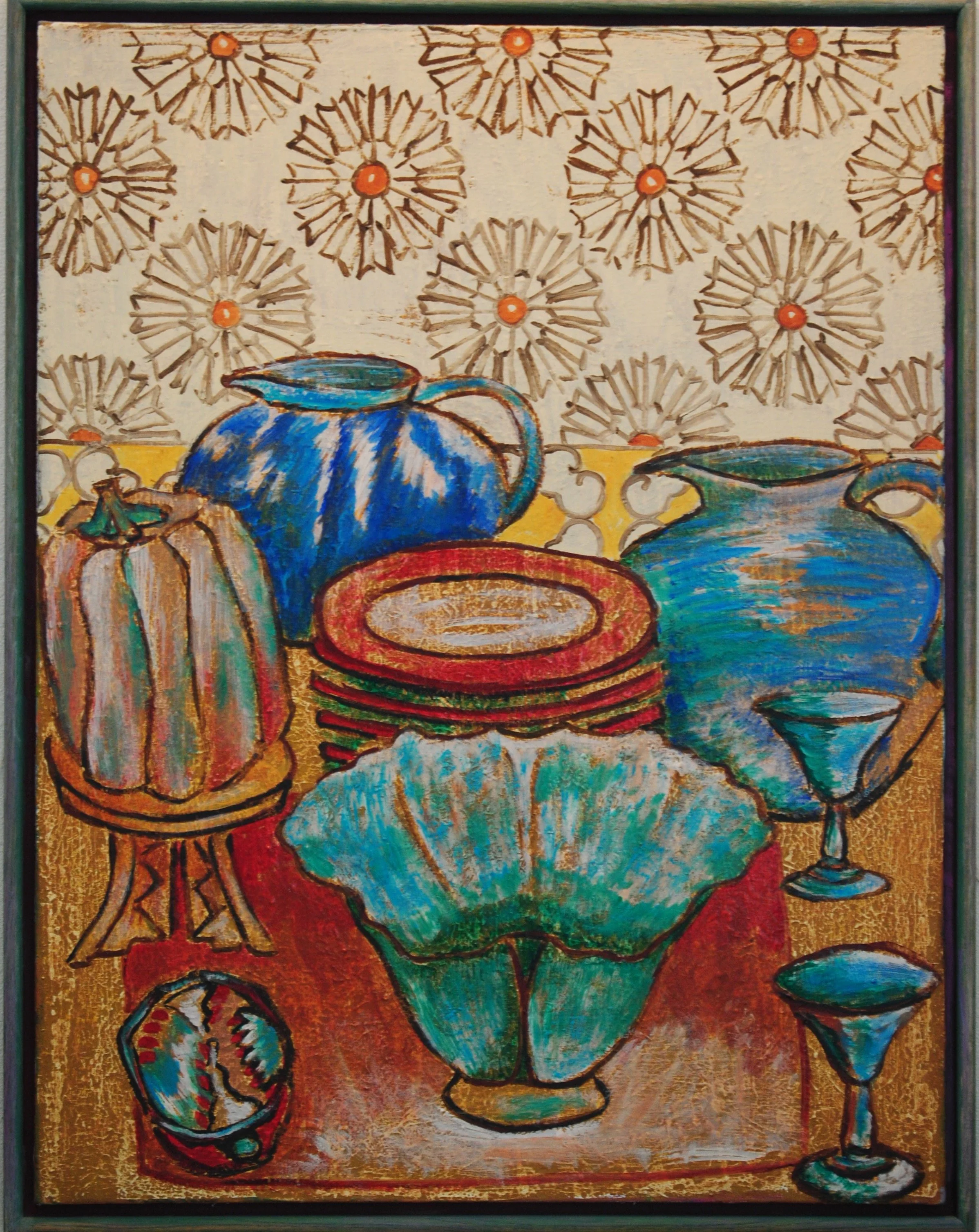 Colorful still life painting of ceramic vases, dishes, a pumpkin, a seashell, and wine glasses on a table with a patterned background.