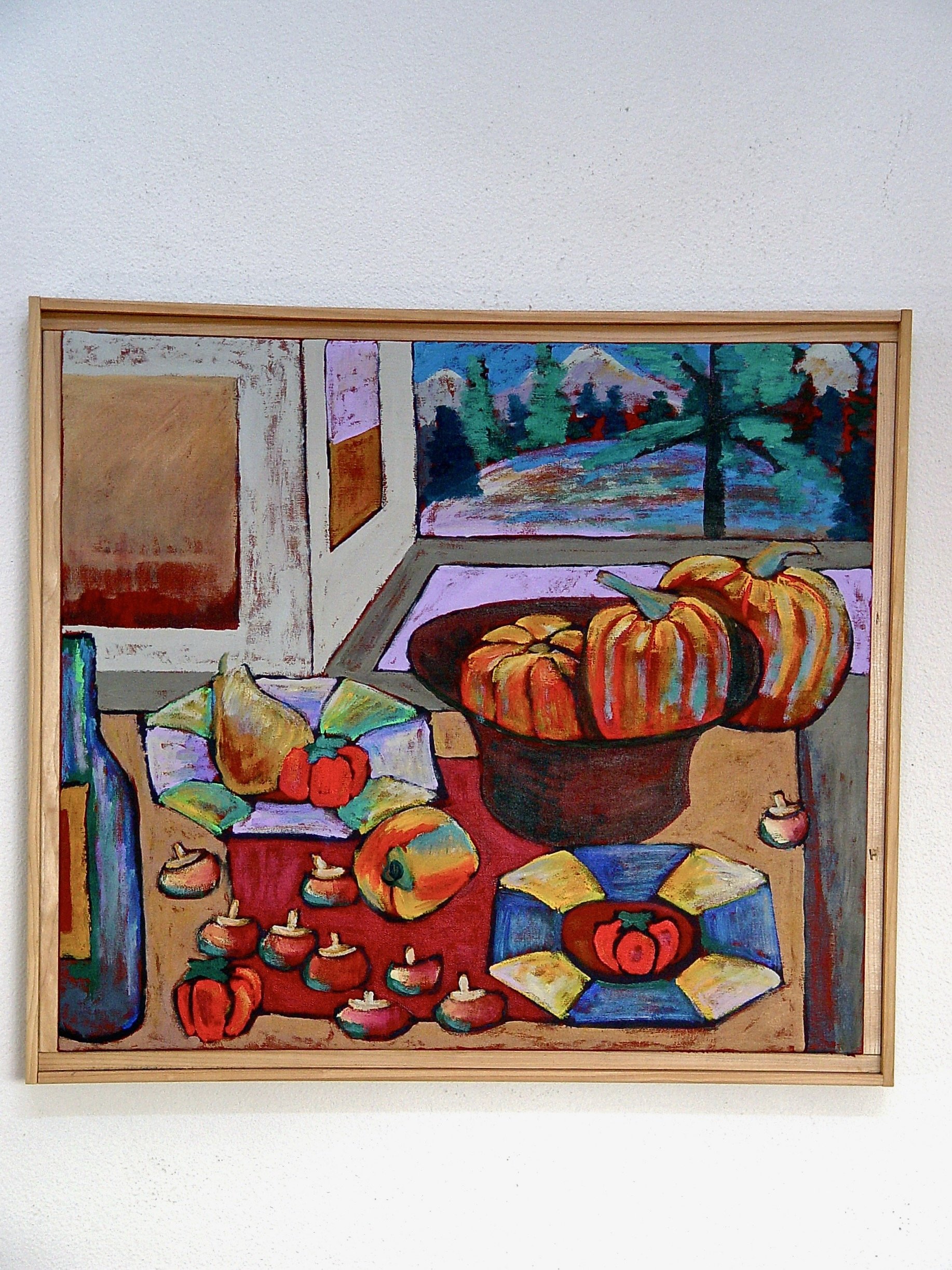 Colorful still life painting of pumpkins, gourds, and candles on a table near a window with a view of a mountain landscape.