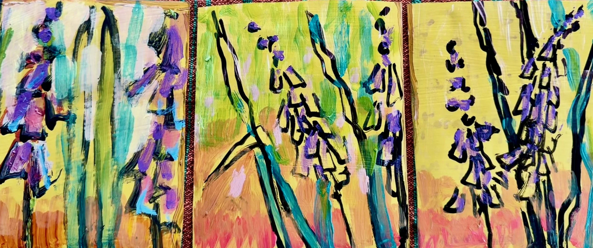 Abstract painting with vibrant colors, featuring black outlines of flowers and plant stems on a yellow, orange, green, and purple background, divided by decorative border stripes.