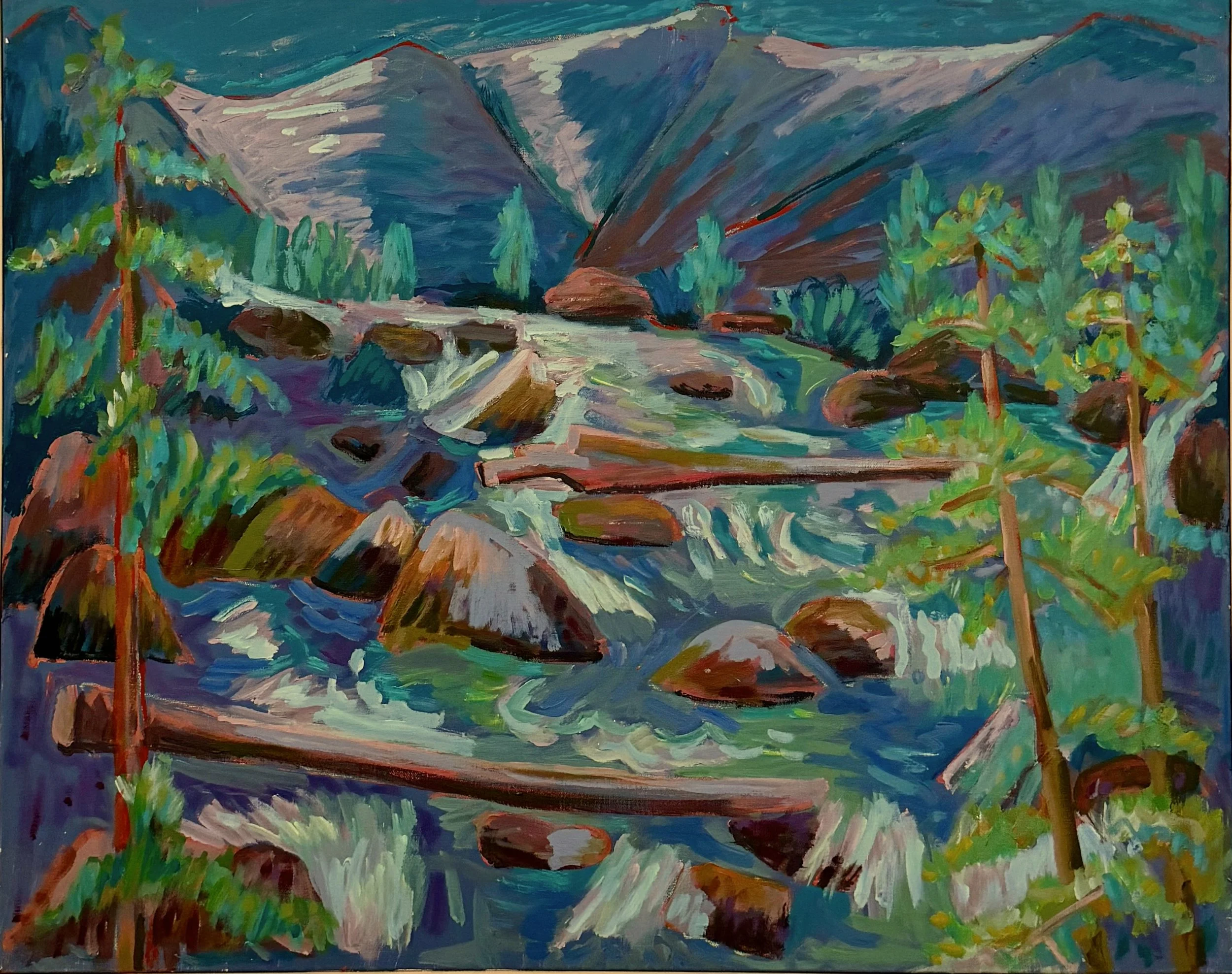 A colorful painting of a mountain landscape with a river flowing through rocks and trees, with high mountains in the background.