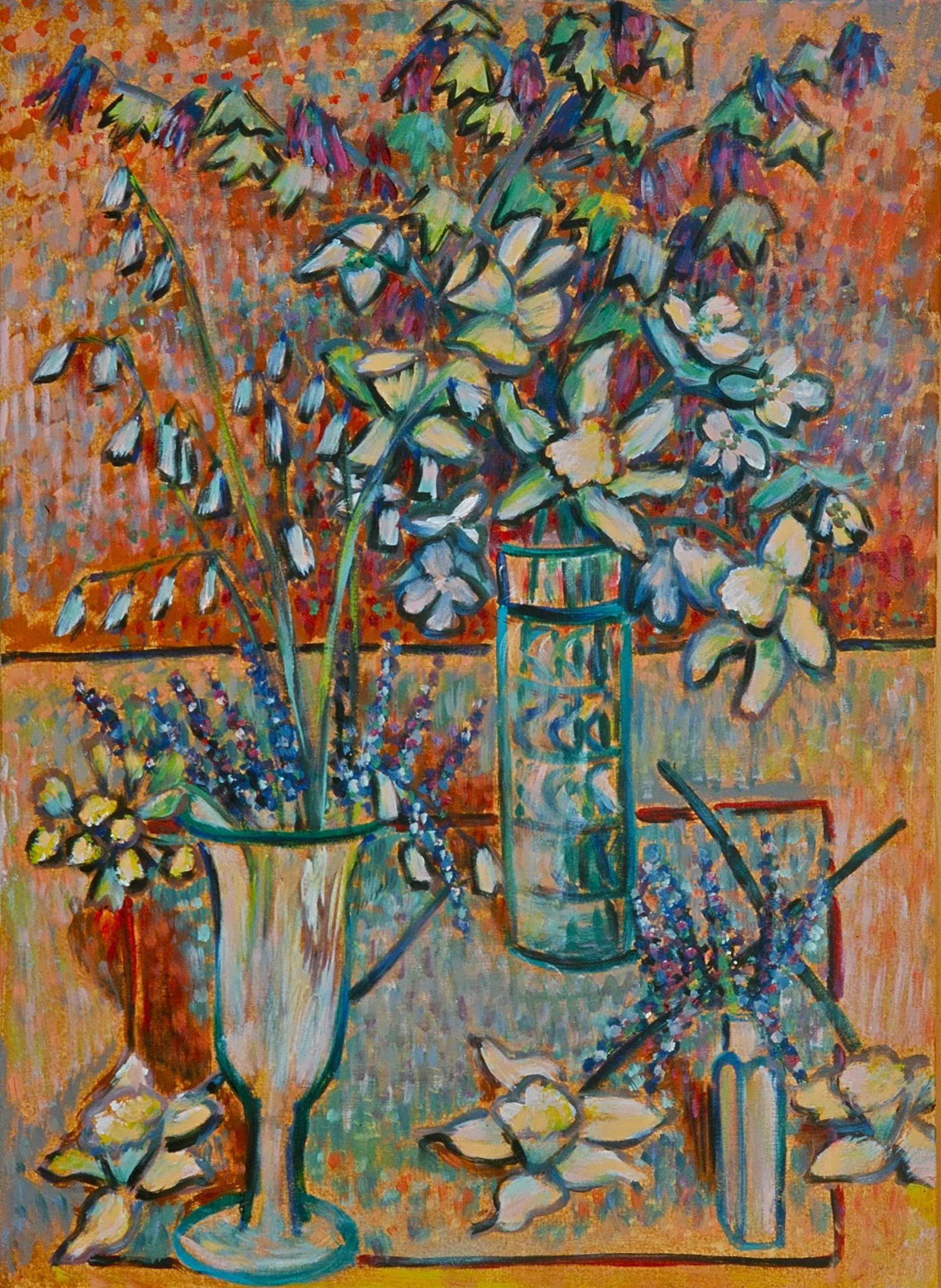 A vibrant oil painting of a still life featuring flowers in three different vases against a colorful, textured background.