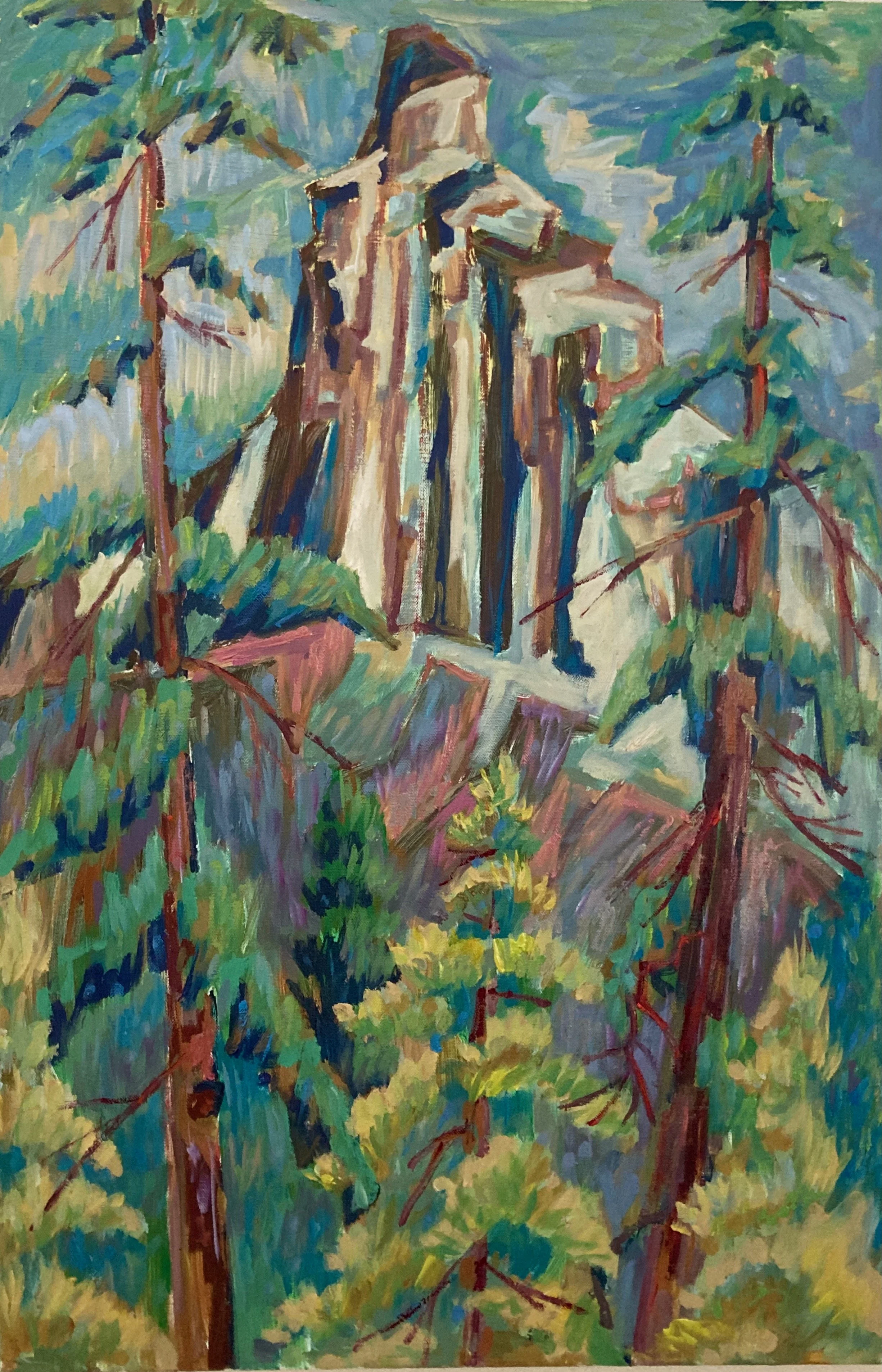 Painted landscape of a rocky mountain with trees and greenery in the foreground.