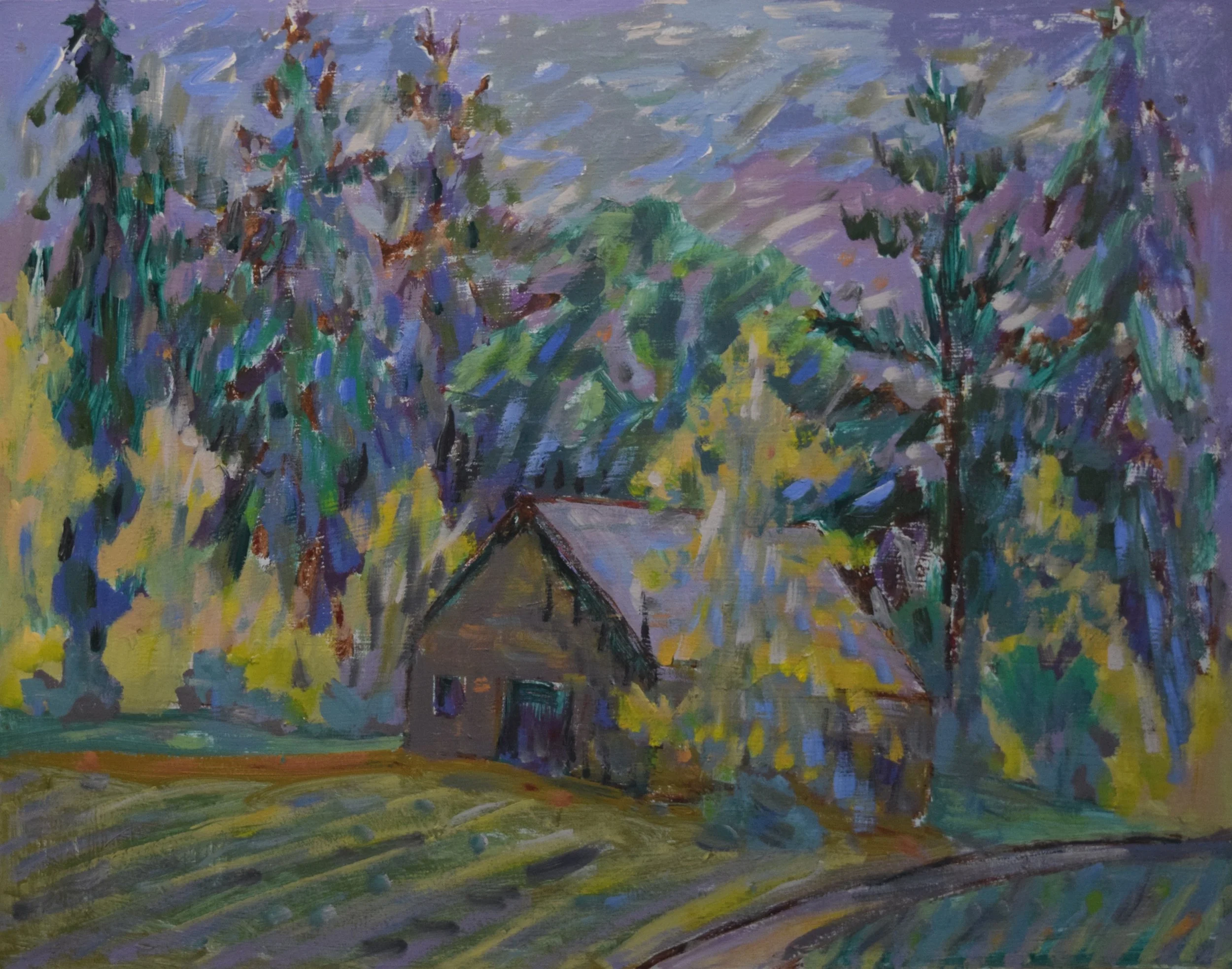 An impressionist style painting of a small house surrounded by colorful trees and a winding path, with a sky in shades of purple and blue.