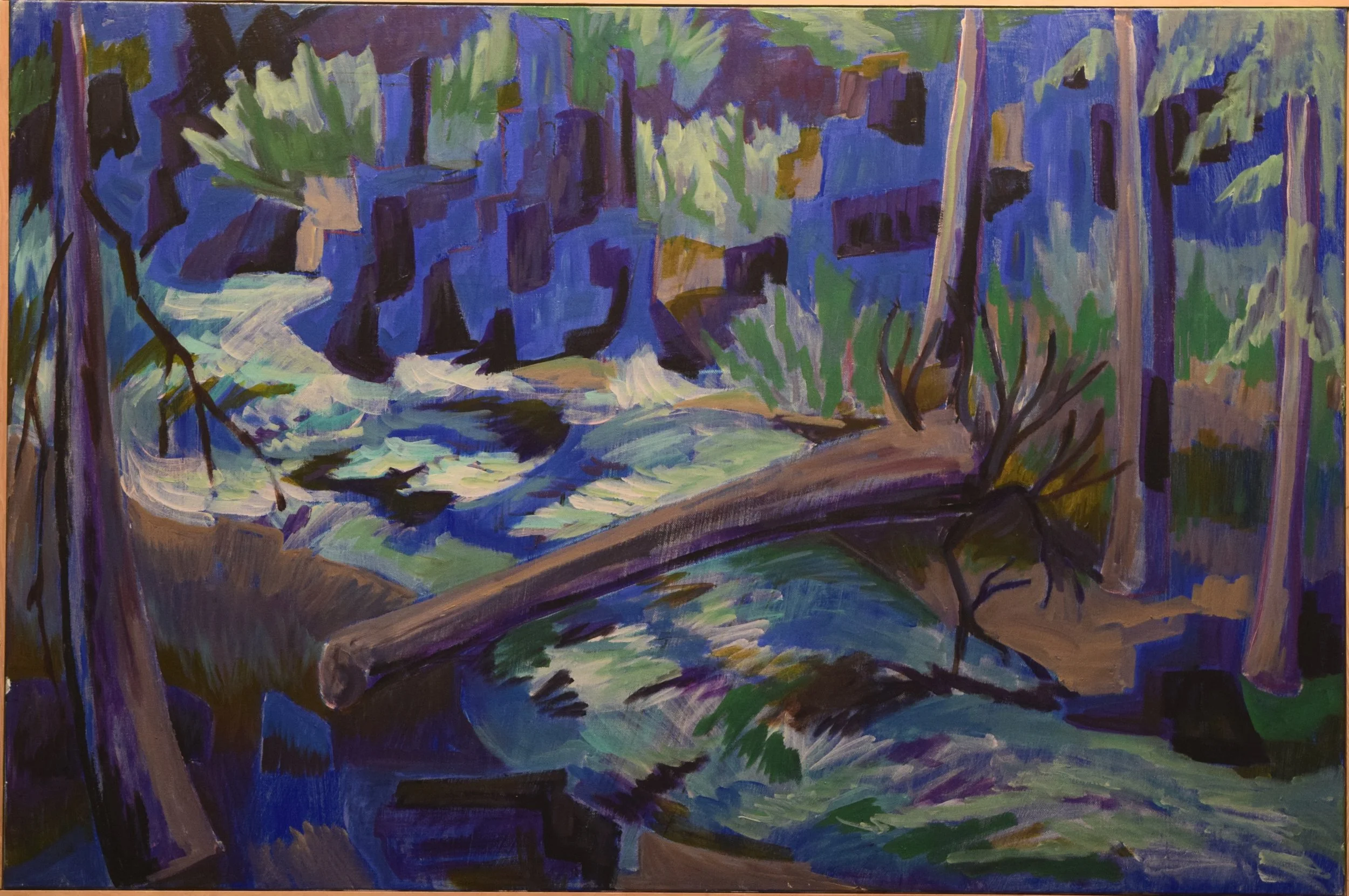 An abstract painting of a flowing river in a forest with trees and vibrant colors of blue, green, purple, and white.