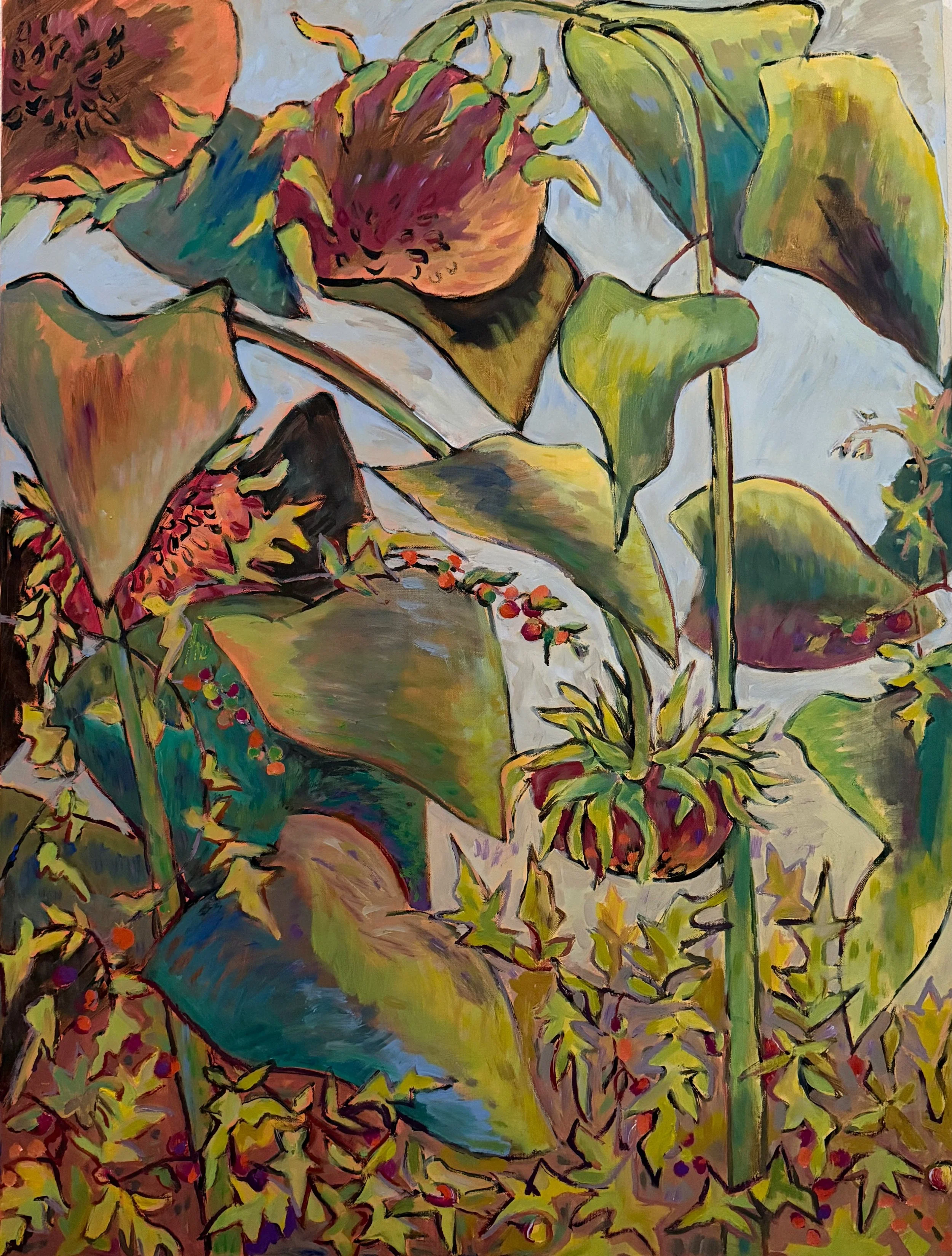 A colorful painting of a potted plant with large, variegated leaves and developing fruit, surrounded by smaller plants with spiny leaves.