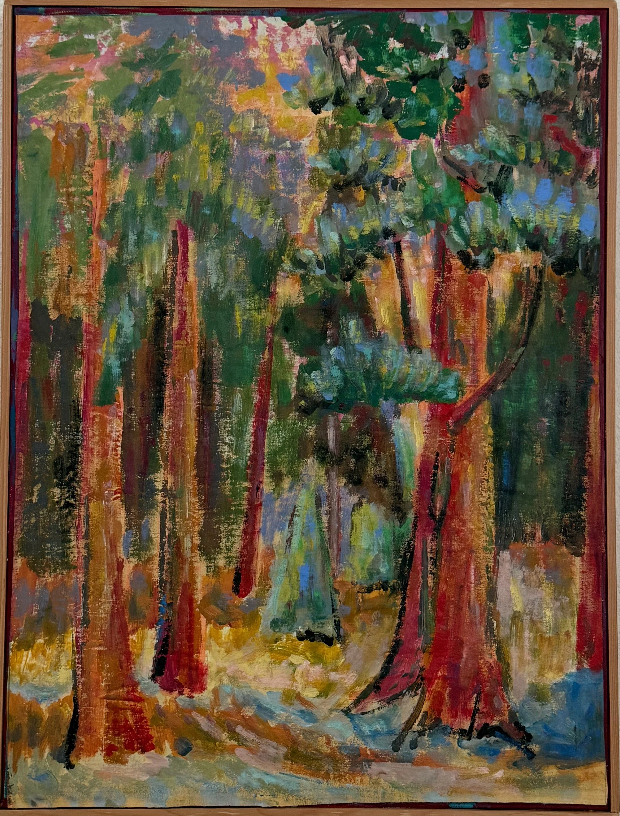 An impressionist style painting of a wooded forest scene with tall trees, green leaves, and a winding path.