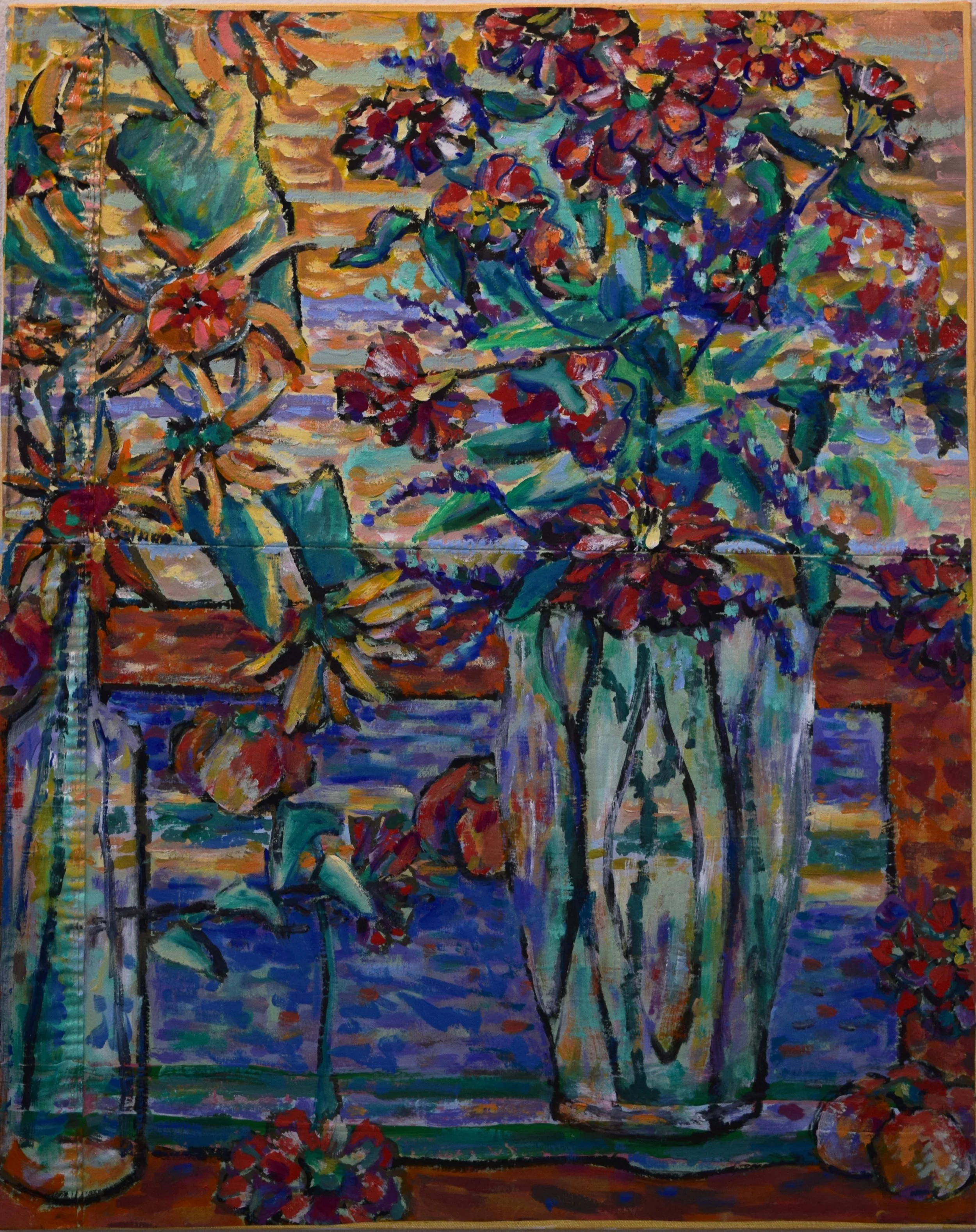 A colorful painting of bouquets of flowers in vases on a table, with bold brushstrokes and vibrant colors.
