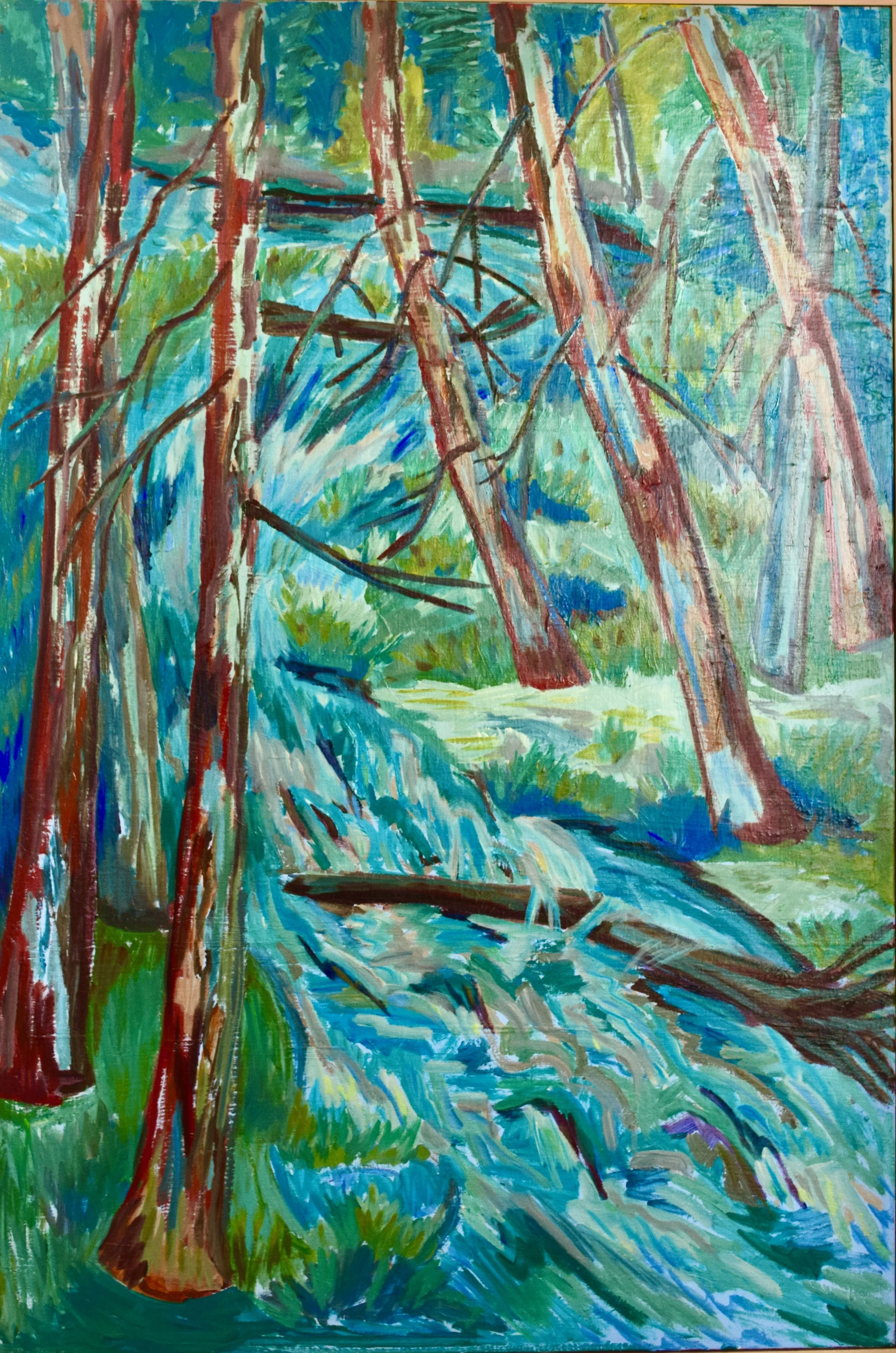 A colorful painting of a forest scene with tall trees, a small waterfall, and a stream flowing through lush greenery.