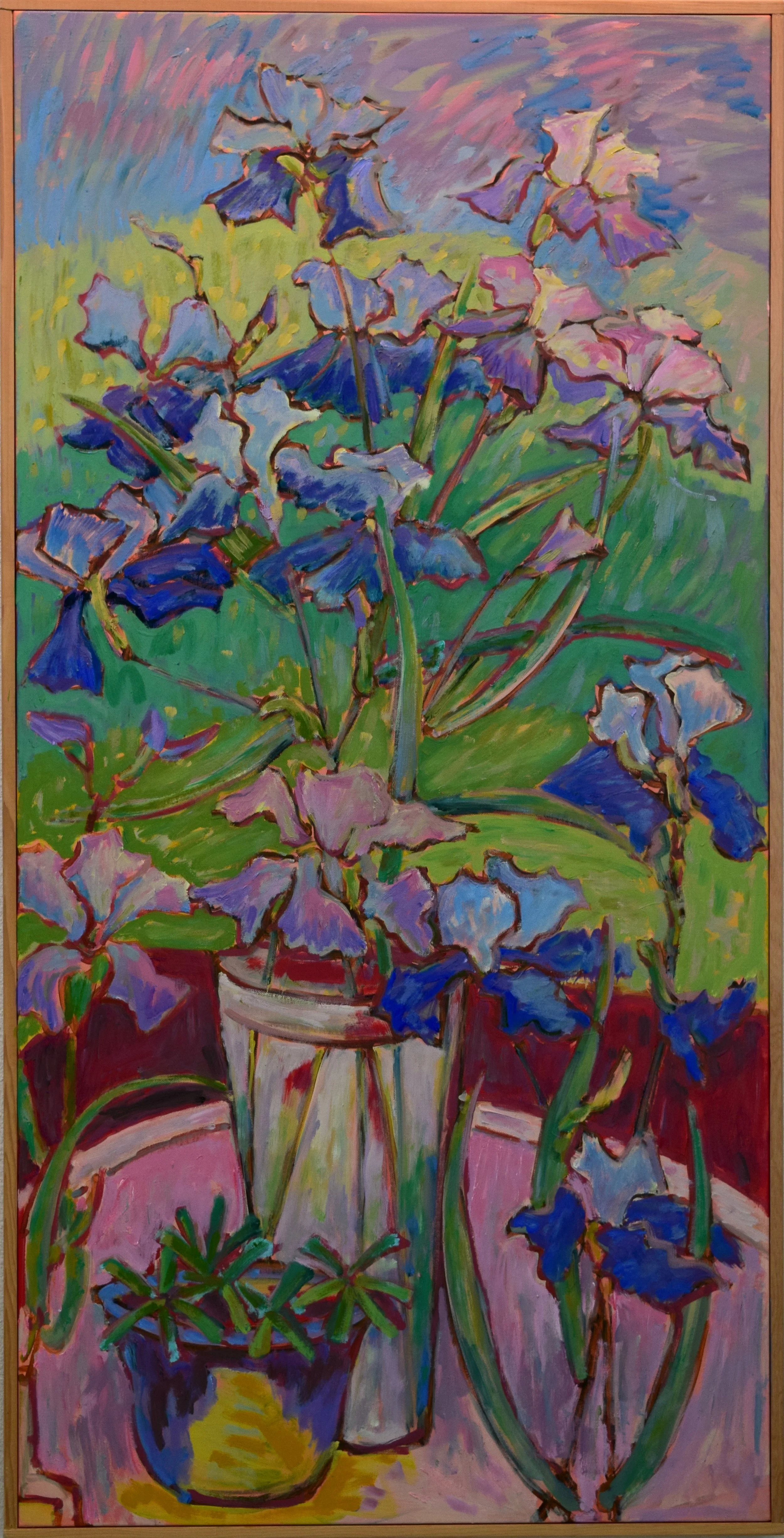 A colorful painting of a vase with pink and blue flowers, set on a table with a smaller potted plant beside it, captured in a vibrant, impressionistic style.