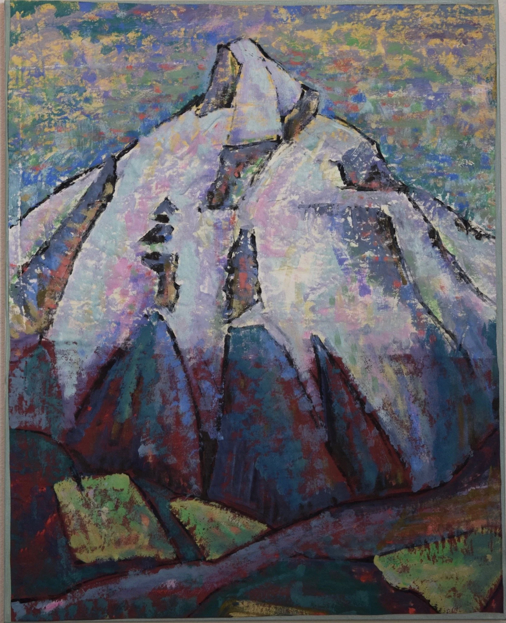 Abstract painting of a snow-capped mountain, painted with bold brushstrokes and vibrant colors.