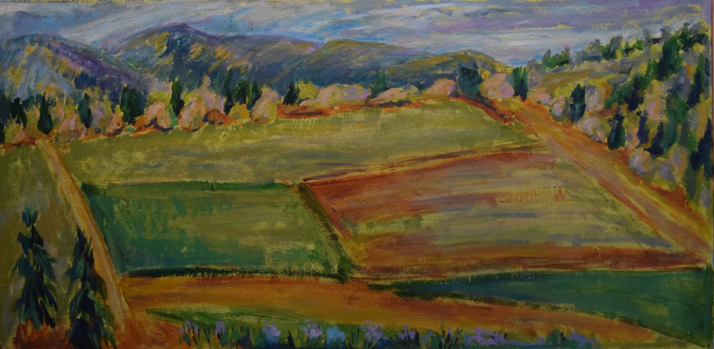 A colorful landscape painting depicting rolling hills, trees, and patches of farmland under a cloudy sky.