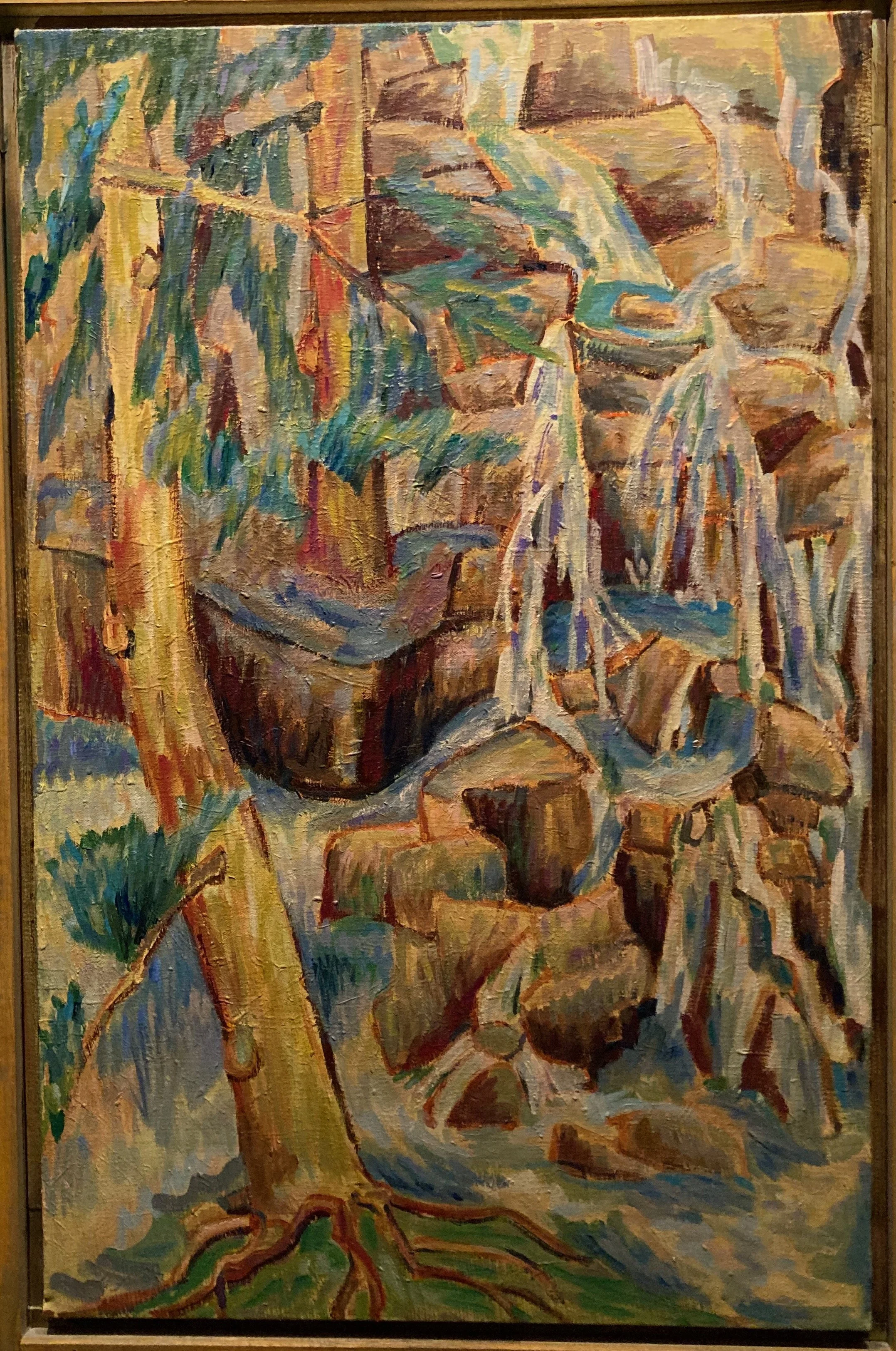 Colorful abstract landscape painting featuring trees, rocks, and a waterfall, with visible brushstrokes and vibrant colors.