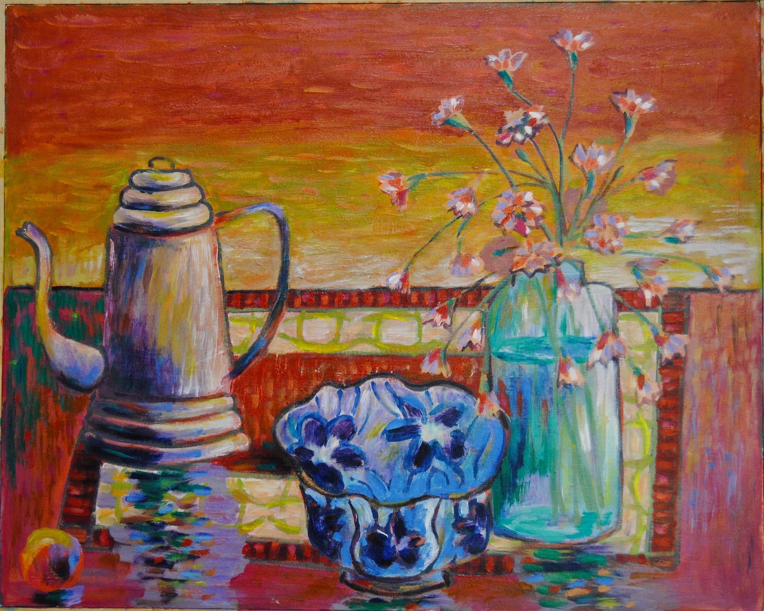 Colorful still life painting of a teapot, a bowl of cherries, a tall vase with pink flowers, on a patterned table with a vibrant background.