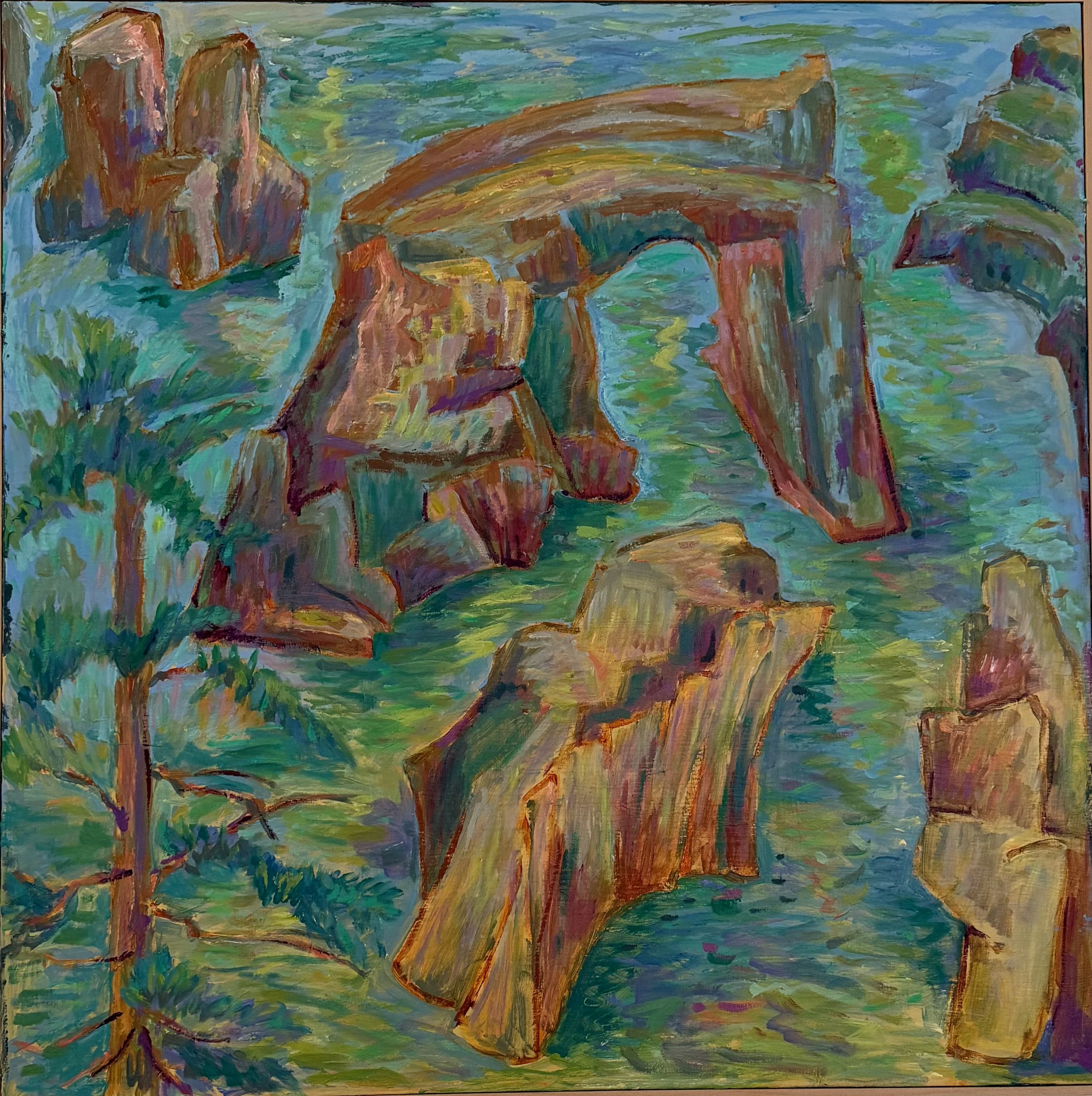 An oil painting of the Stonehenge monument with large rocks and a green landscape.