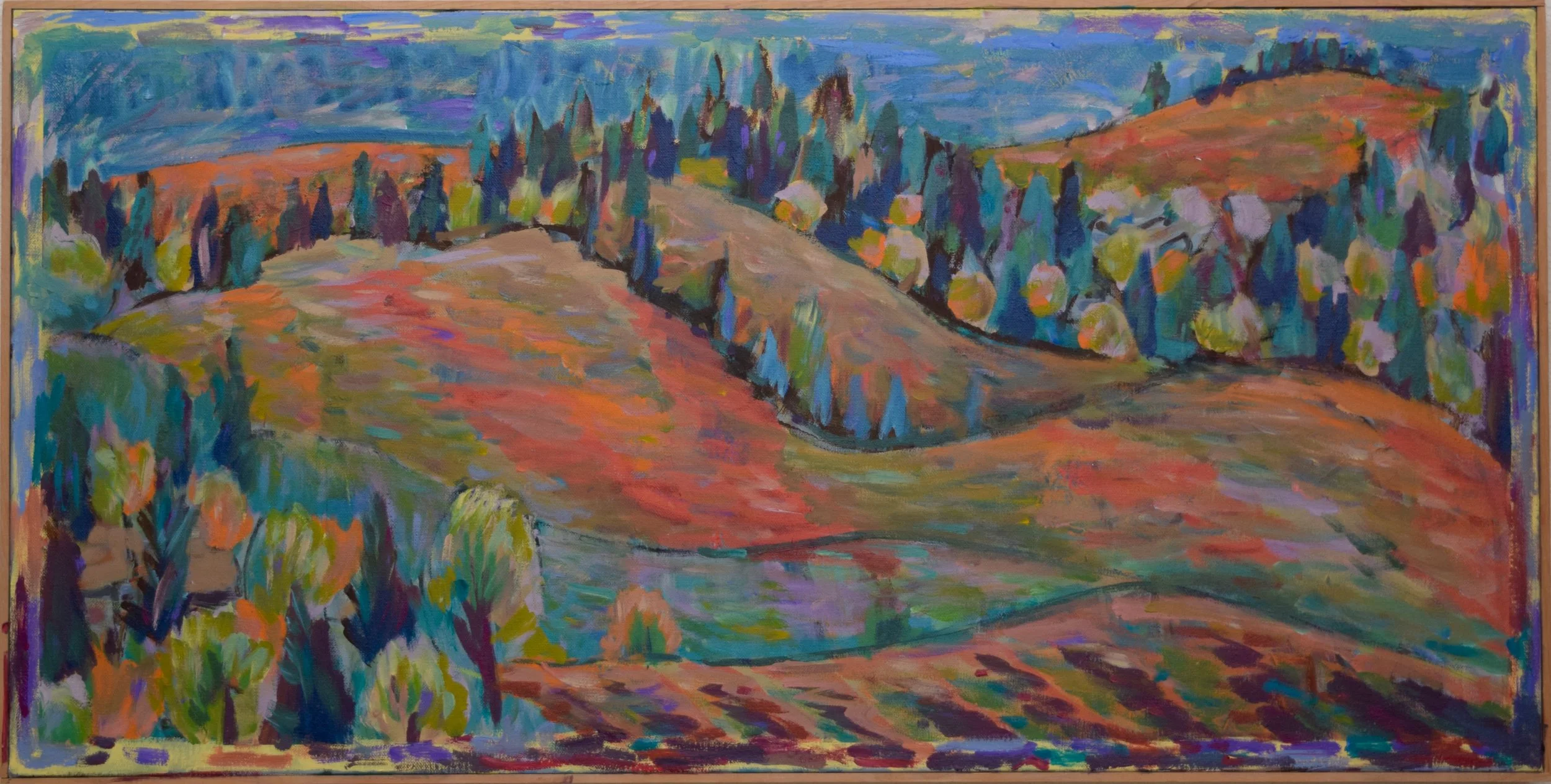 Colorful landscape painting depicting rolling hills with patches of grass and trees, with a background of distant mountains and a sky painted in various shades of blue.