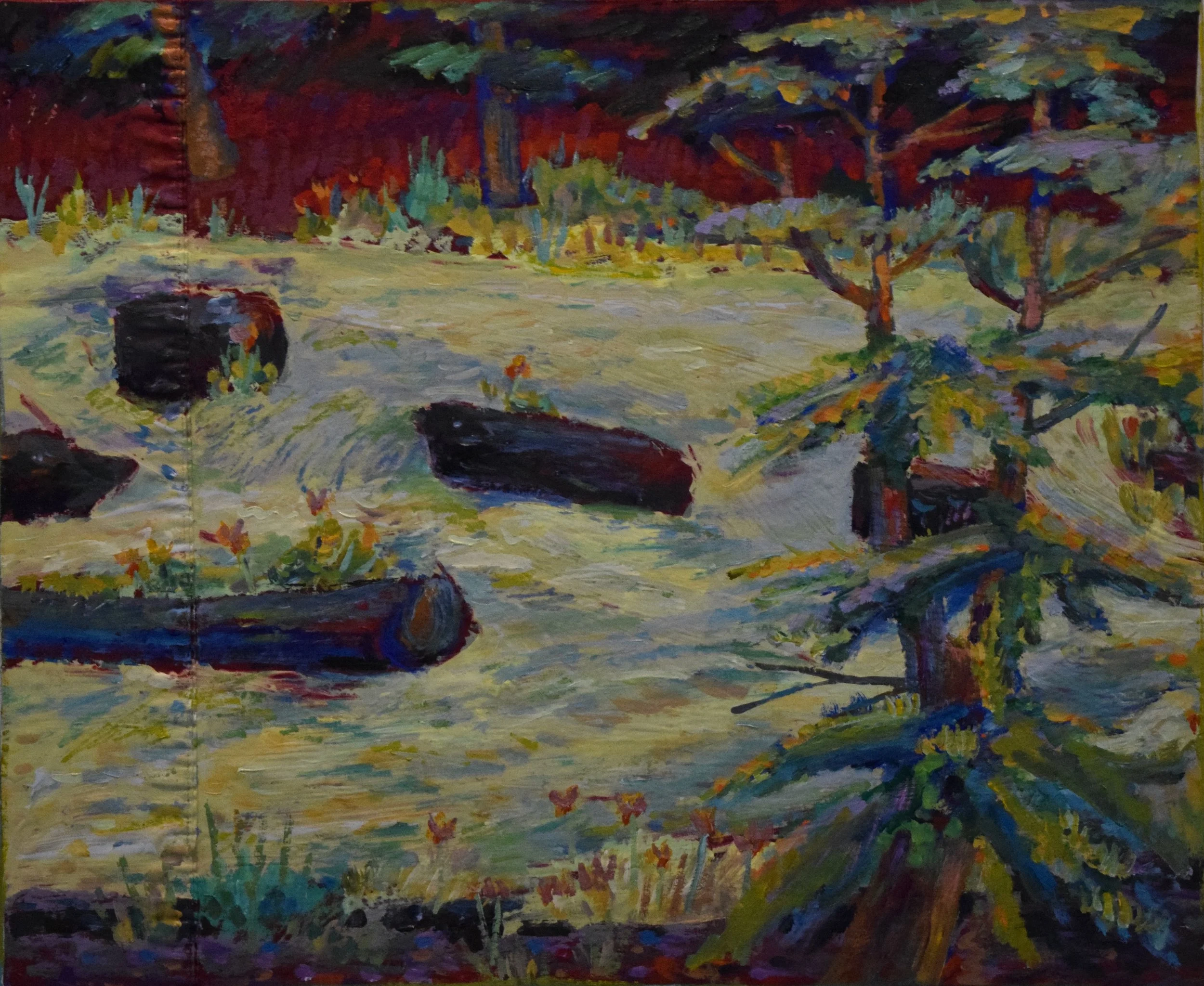 An impressionist painting of a forest scene with trees, logs, and a stream or pond with water and greenery.