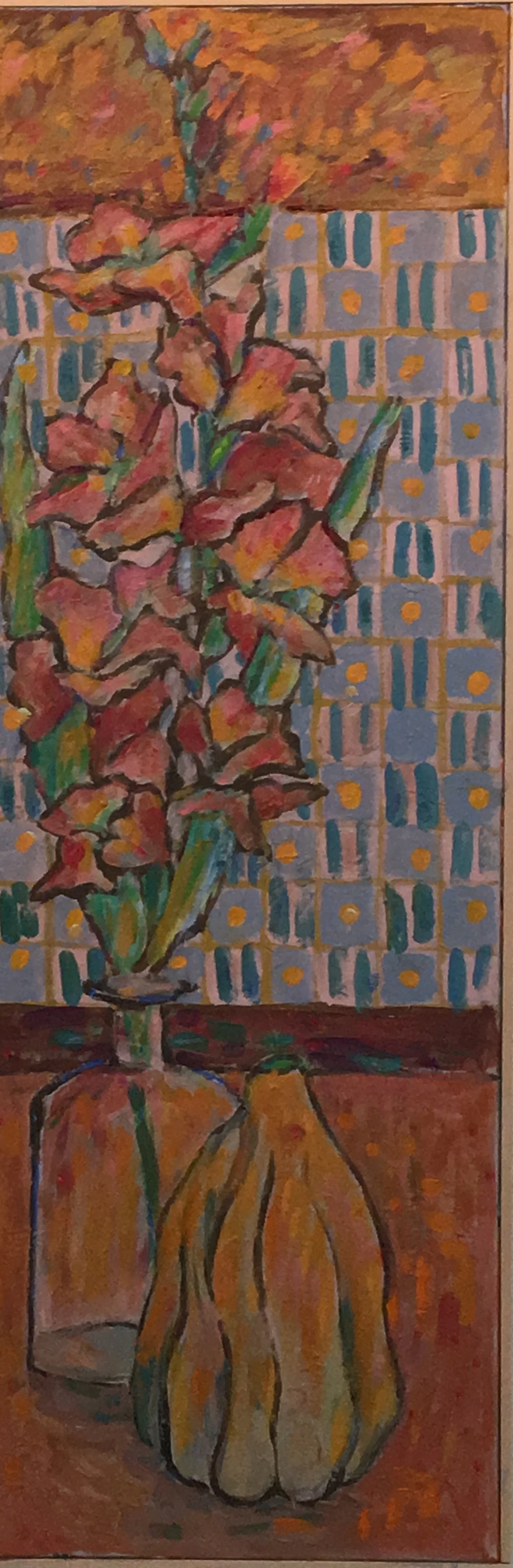 An abstract painting of a tall flower arrangement in a yellow vase, with a colorful background of geometric squares and lines.