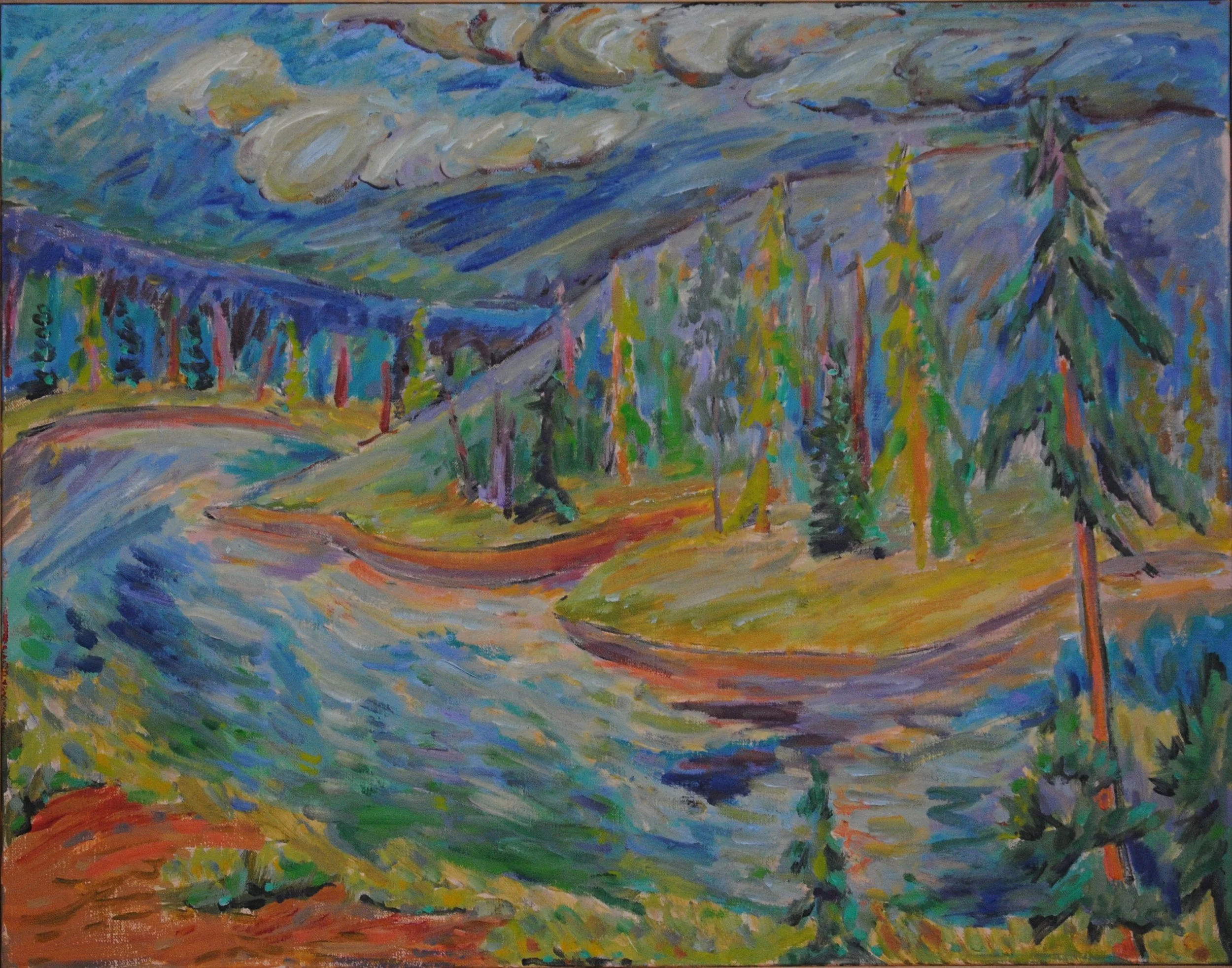 A colorful landscape painting of a river flowing through a forest with tall pine trees and mountains in the background, under a cloudy sky.