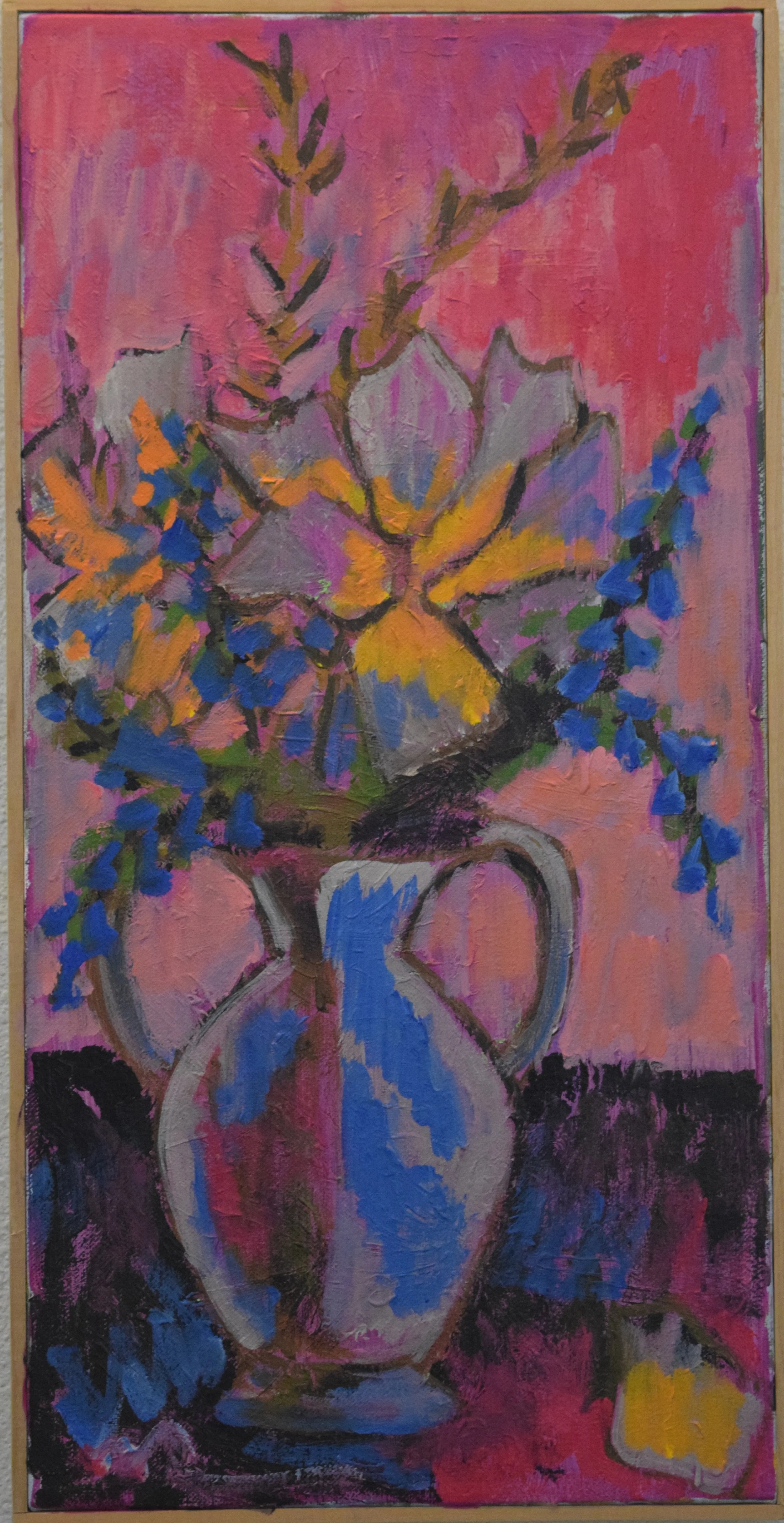 An abstract painting of a bouquet of colorful flowers in a gray pitcher on a dark surface with a pink background.