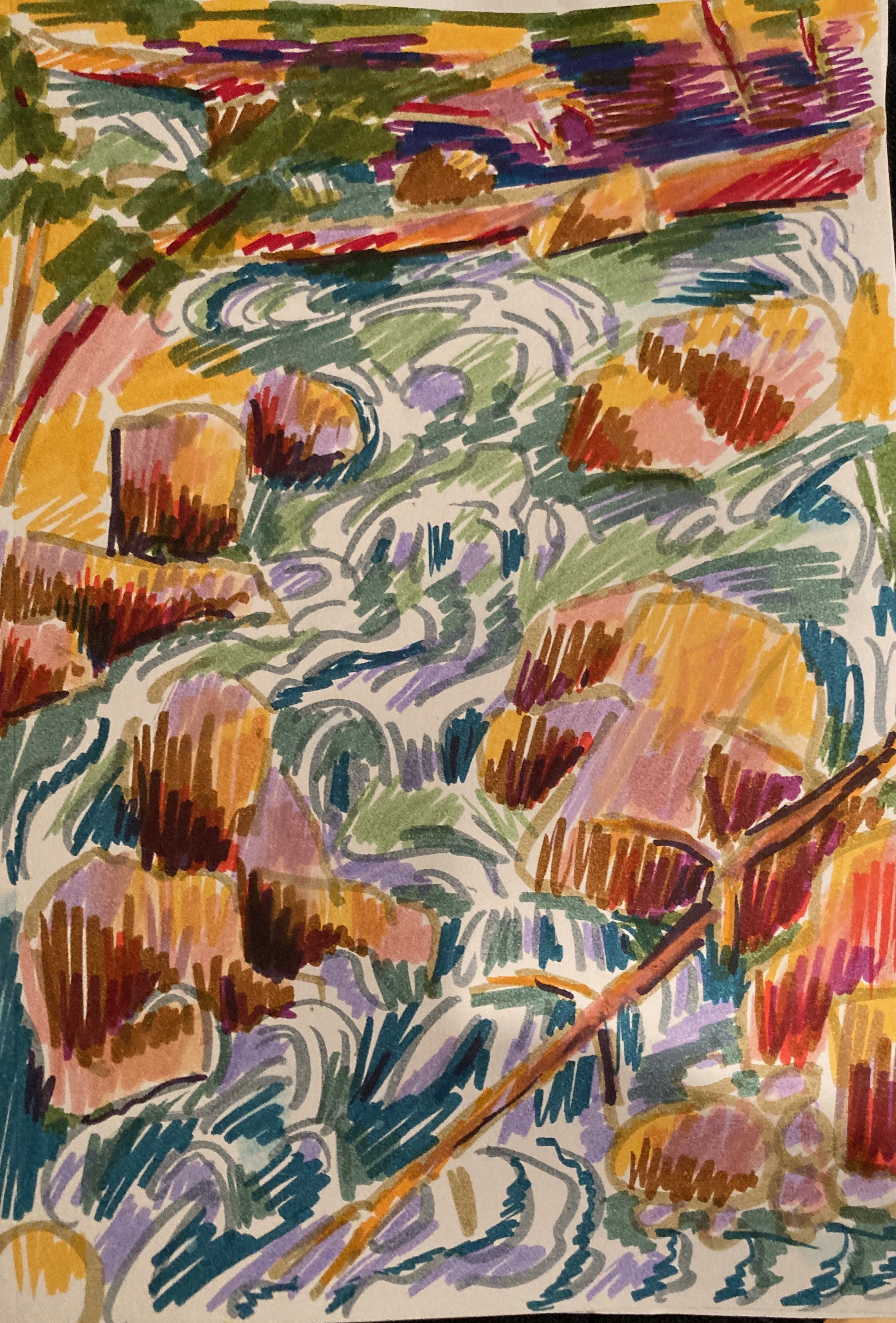 Colorful impressionistic painting of a river flowing through rocky landscape with trees and foliage.