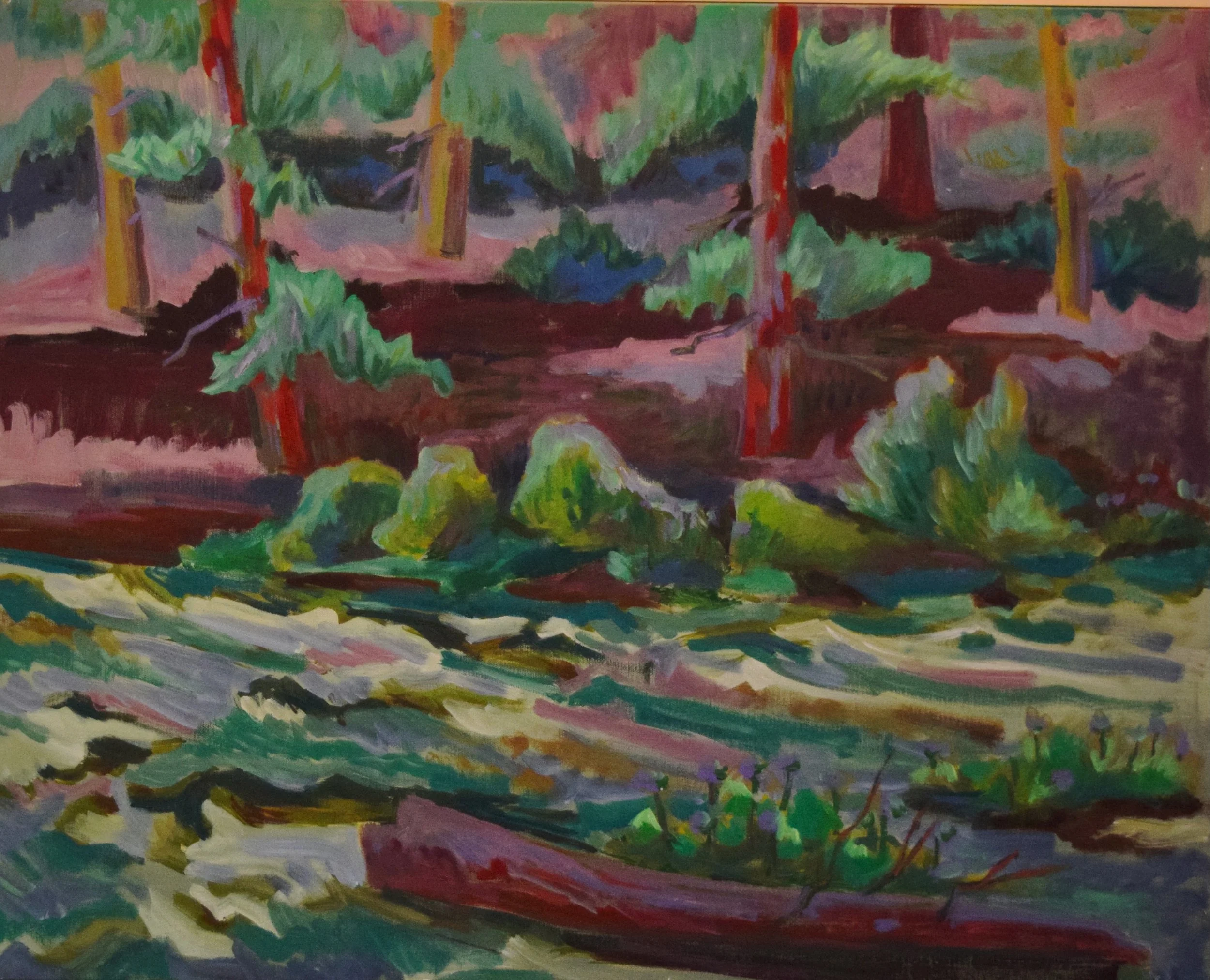 A colorful landscape painting of a forest scene with trees, bushes, and flowing water.