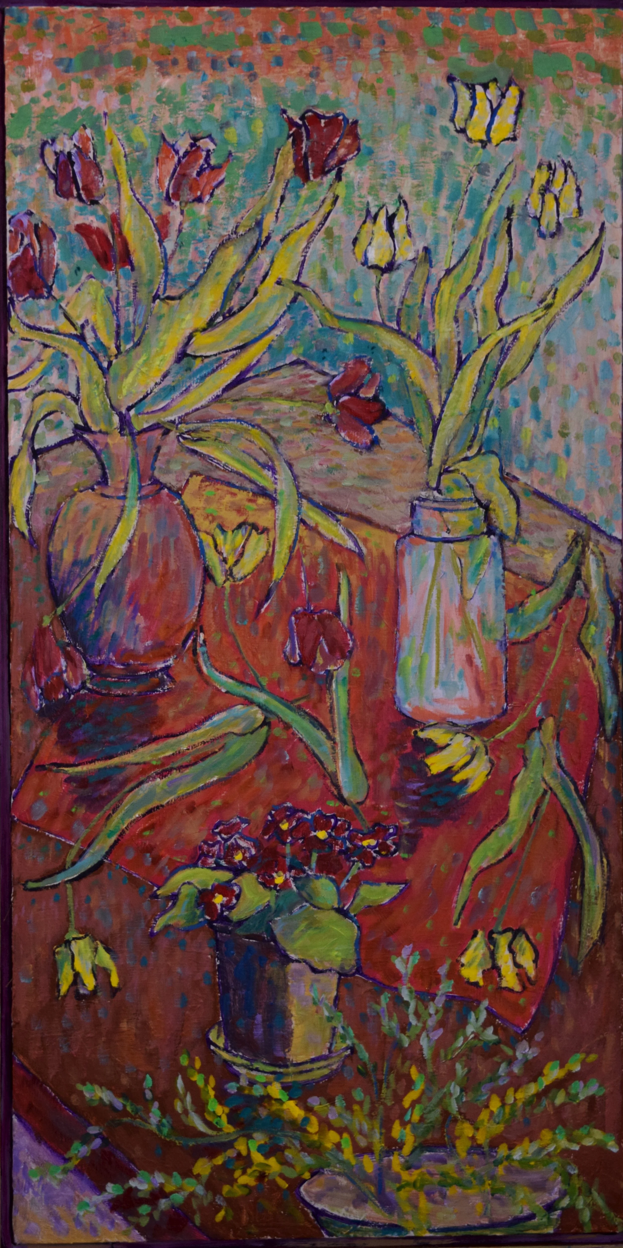 A colorful still life painting of flowers in vases on a table, with a patterned background.