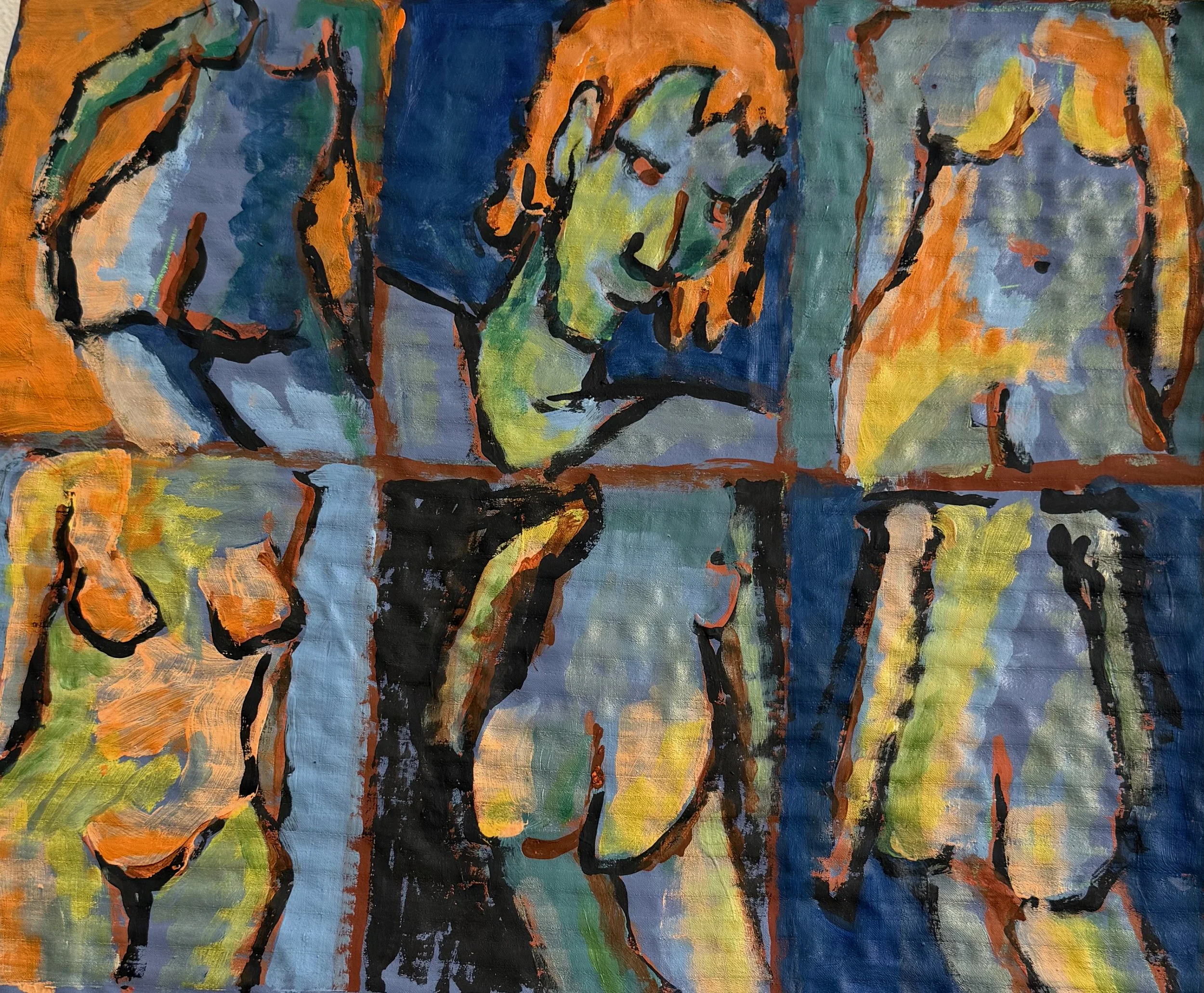 Abstract painting of six seated women with long hair, composed of colorful, loose brushstrokes, outlined in black, using shades of orange, yellow, blue, green, and black.