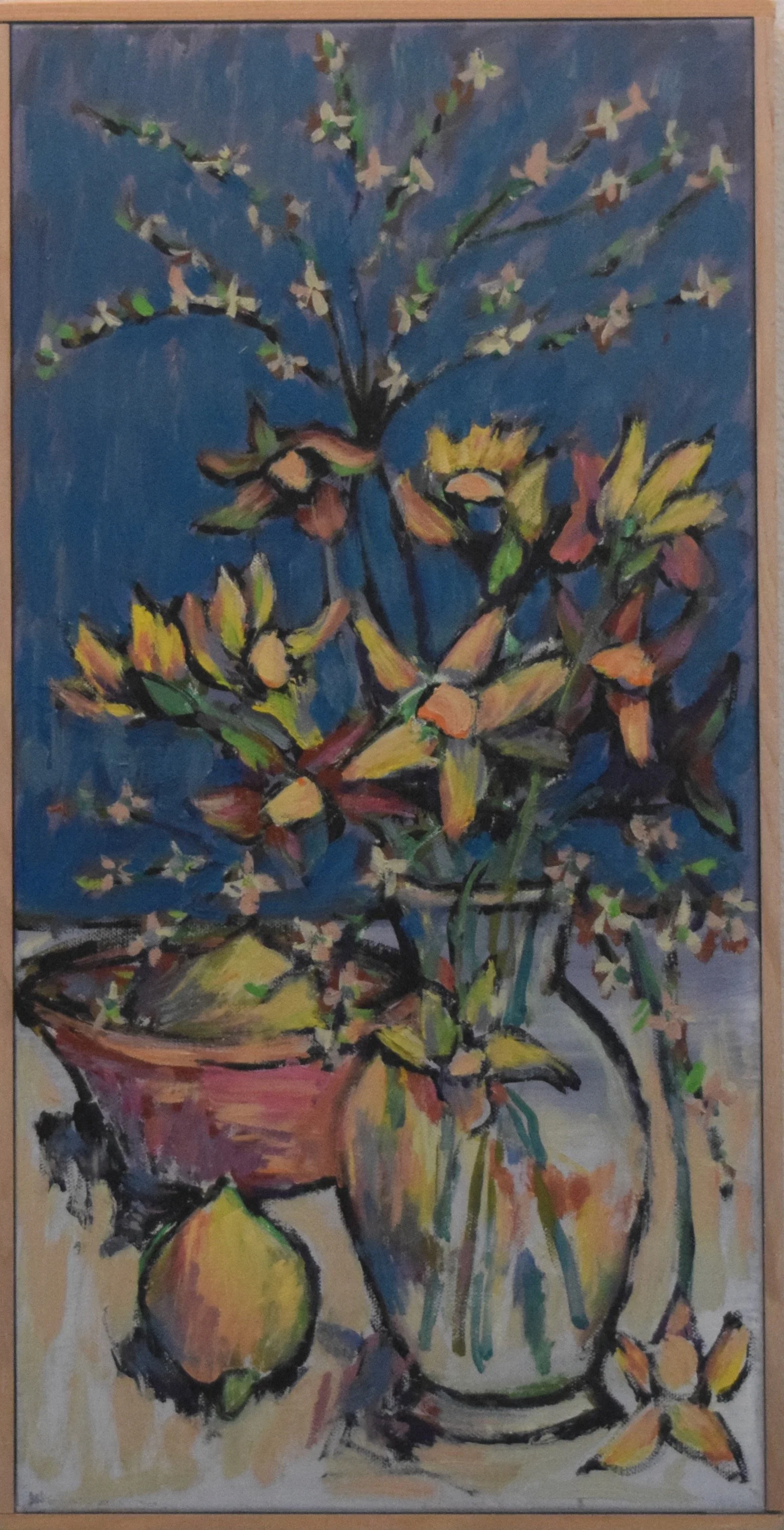 A colorful painting of a still life featuring a blue background, a large yellow pear, a basket with yellow and green fruit, and a vase holding a bouquet of blossoms with green, yellow, pink, and white petals.