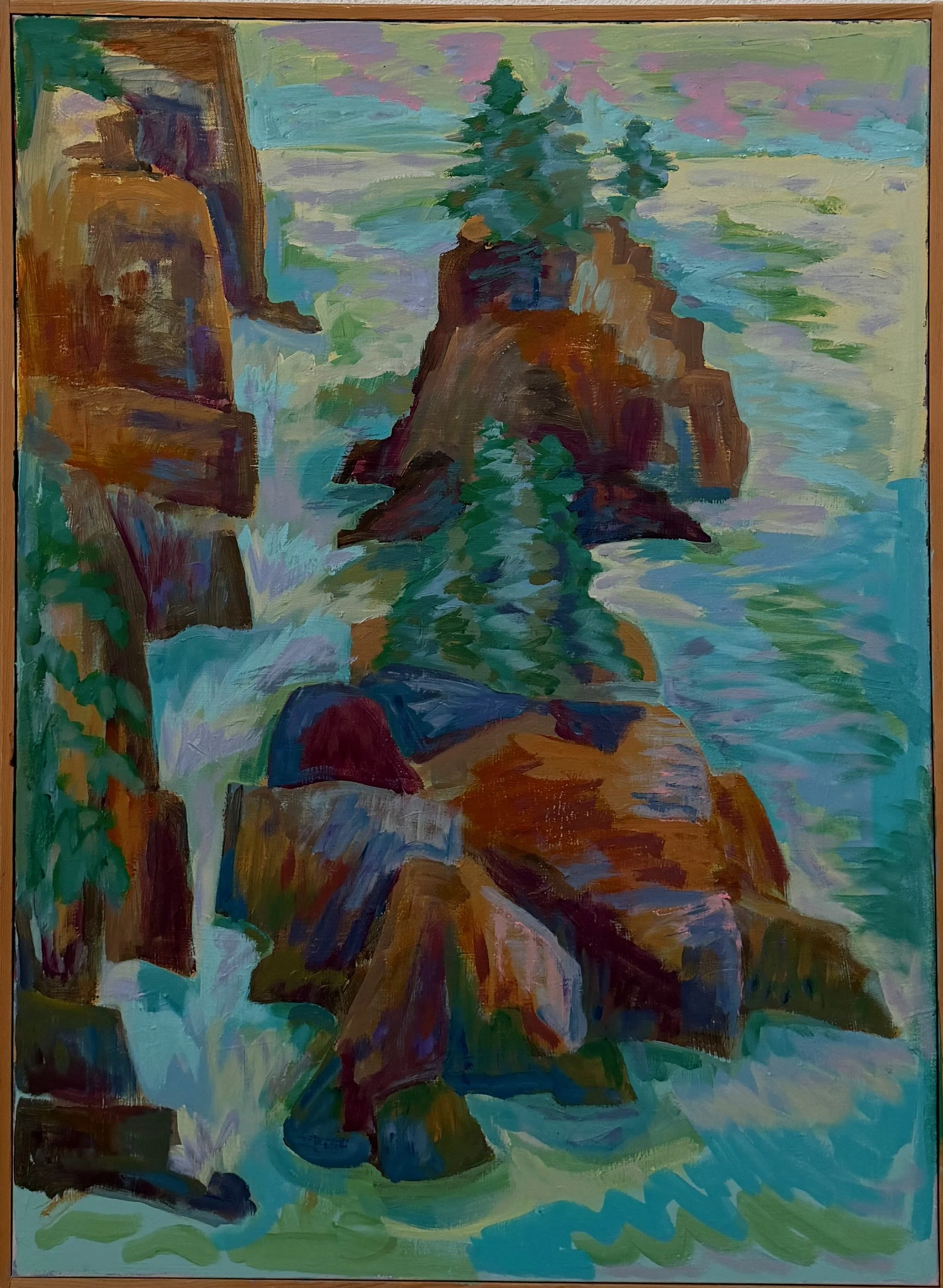 An abstract landscape painting depicting a waterfall flowing between rocky cliffs with a tree on top.