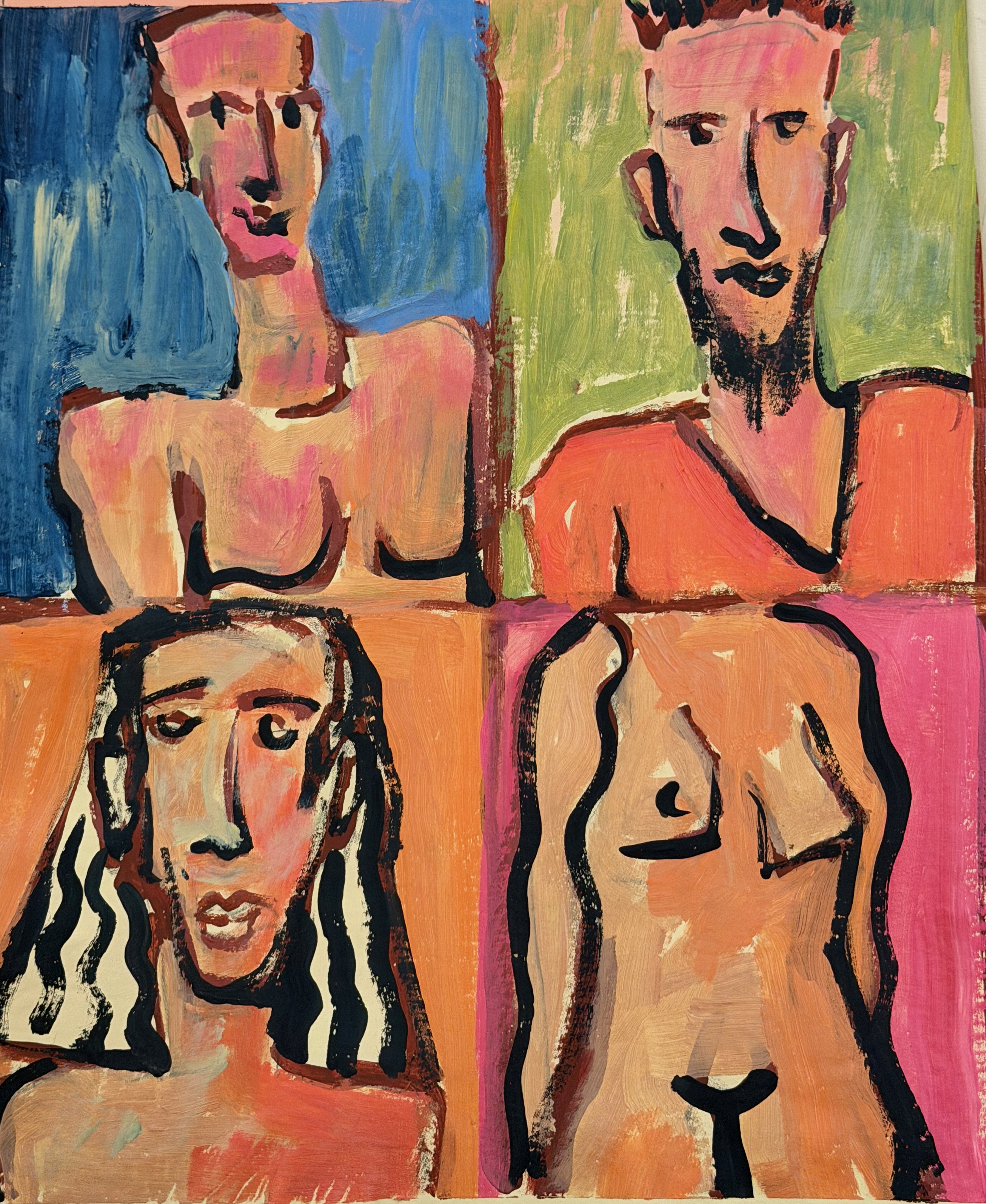 A colorful painting divided into four quadrants, each featuring a stylized nude portrait of a person with bold black outlines and vibrant backgrounds.