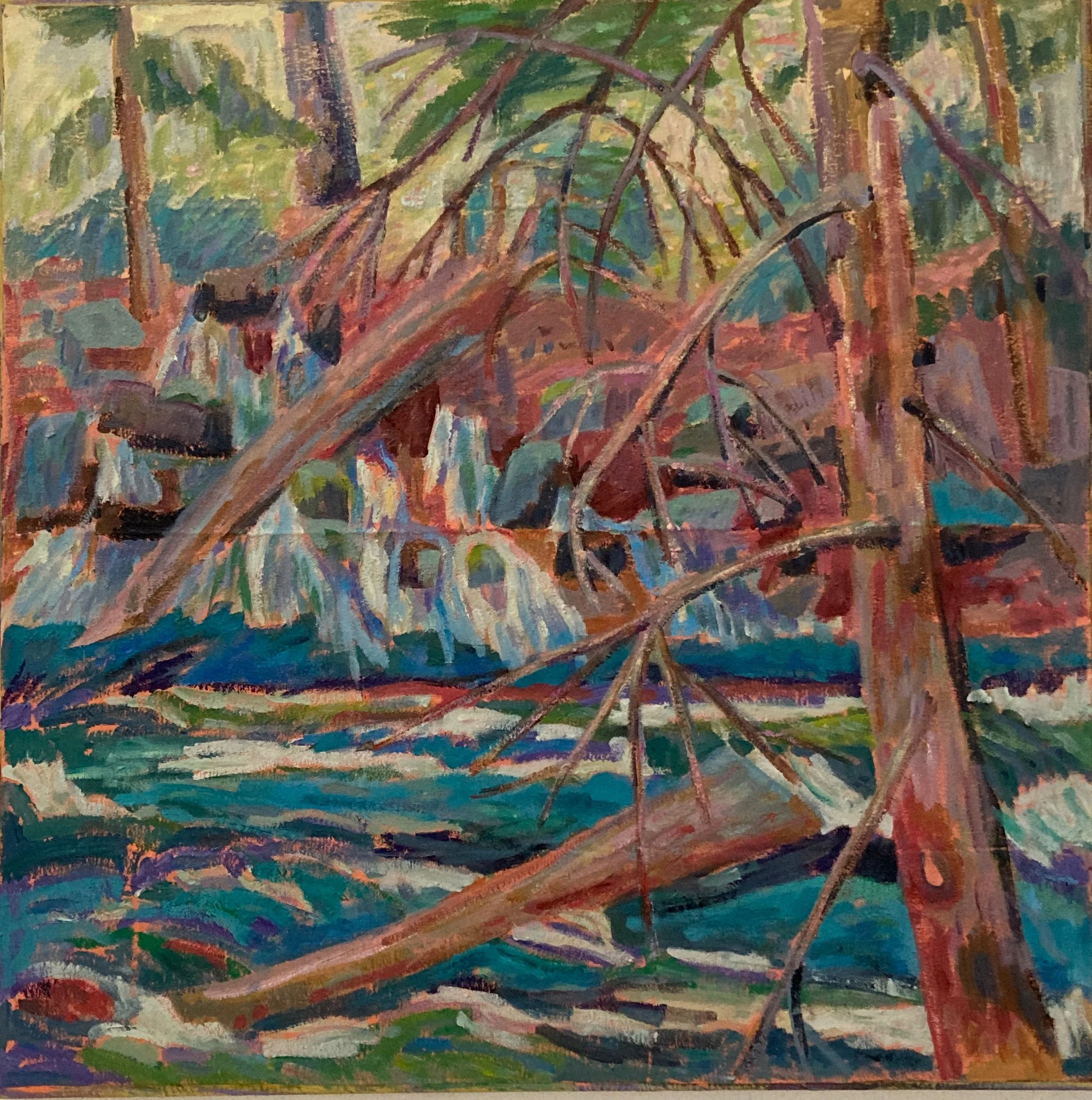 An abstract painting of a waterfall cascading over rocks surrounded by tall trees and foliage.